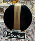 Vintage Stratton Powder Compact – Art Deco Style Black Enamel & Gold Stripe, Boxed with Pouch