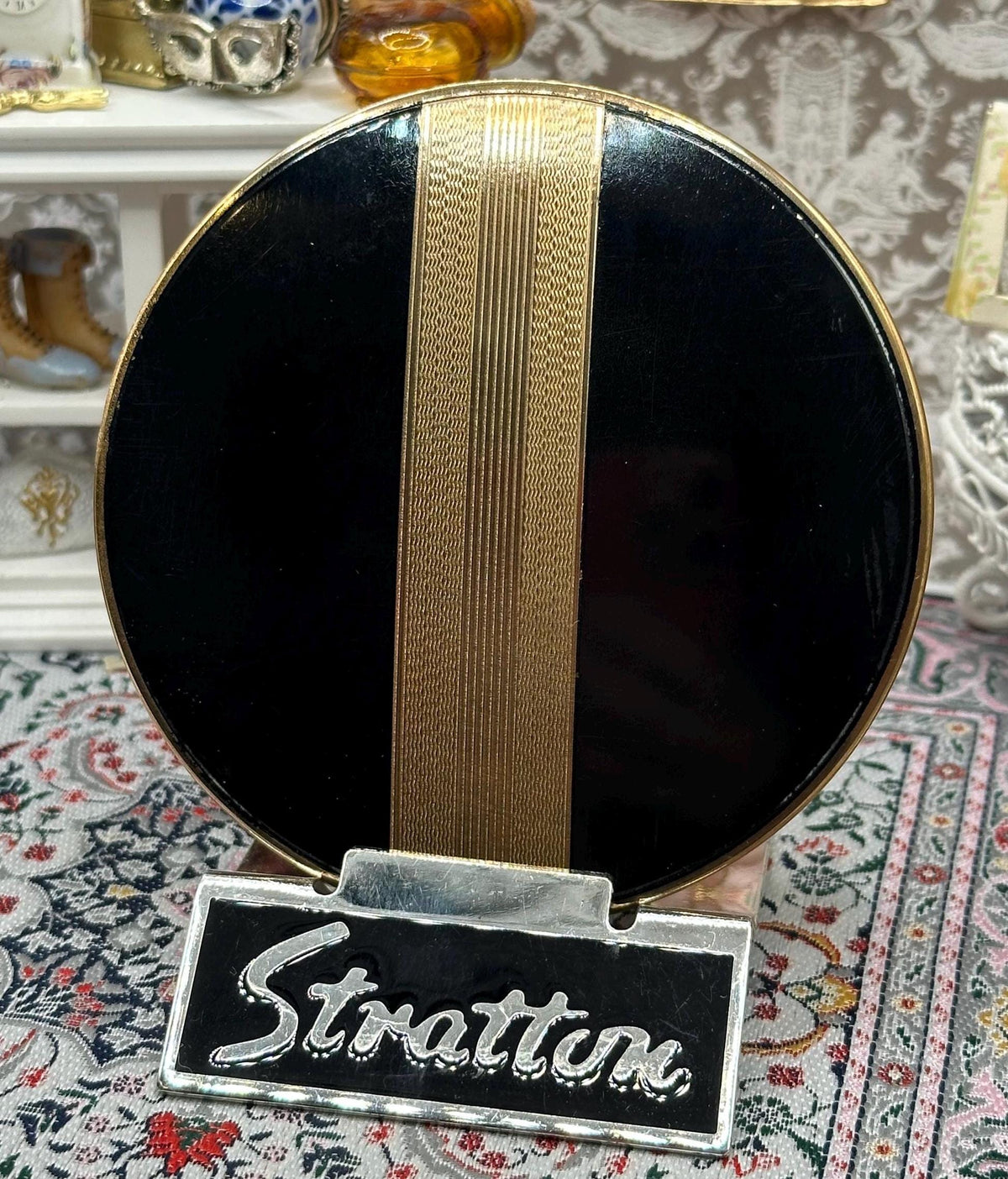 Vintage Stratton Powder Compact – Art Deco Style Black Enamel & Gold Stripe, Boxed with Pouch
