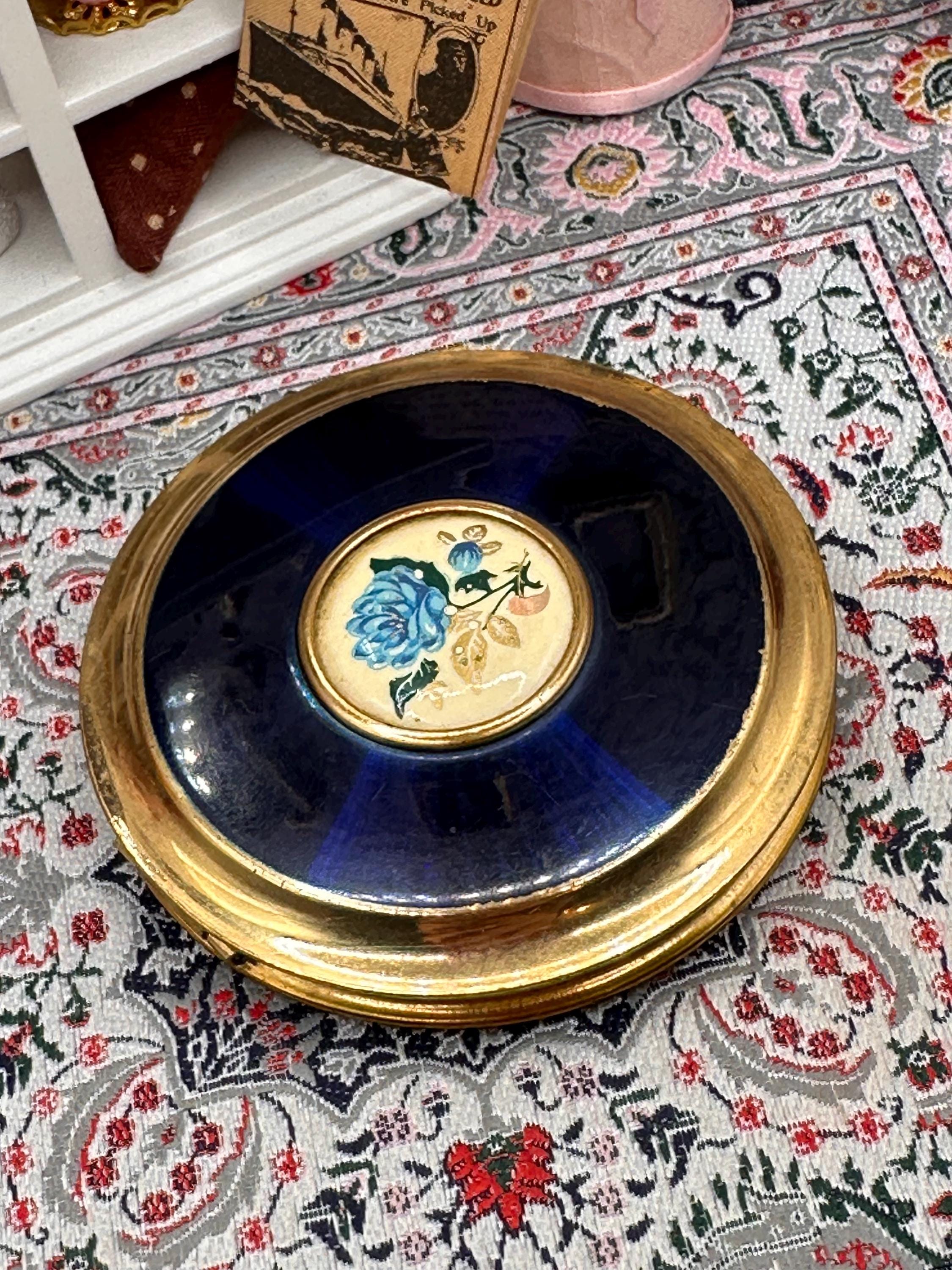 Vintage Mascot Powder Compact Blue Enamel Floral Centre Gold Tone Round 7.5cm