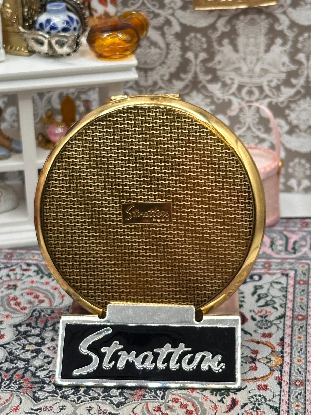 Vintage Stratton Powder Compact, Gold Tone Greek Key Design, Mid Century Vanity Mirror
