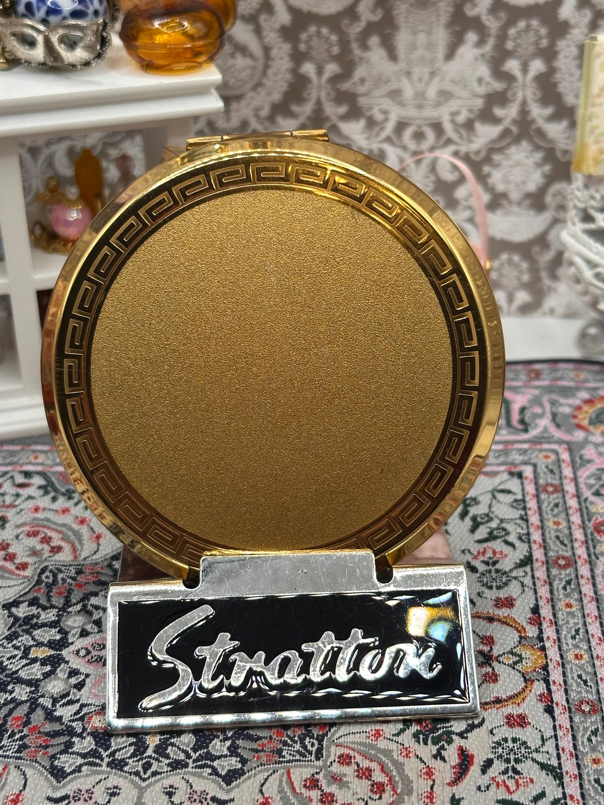Vintage Stratton Powder Compact, Gold Tone Greek Key Design, Mid Century Vanity Mirror