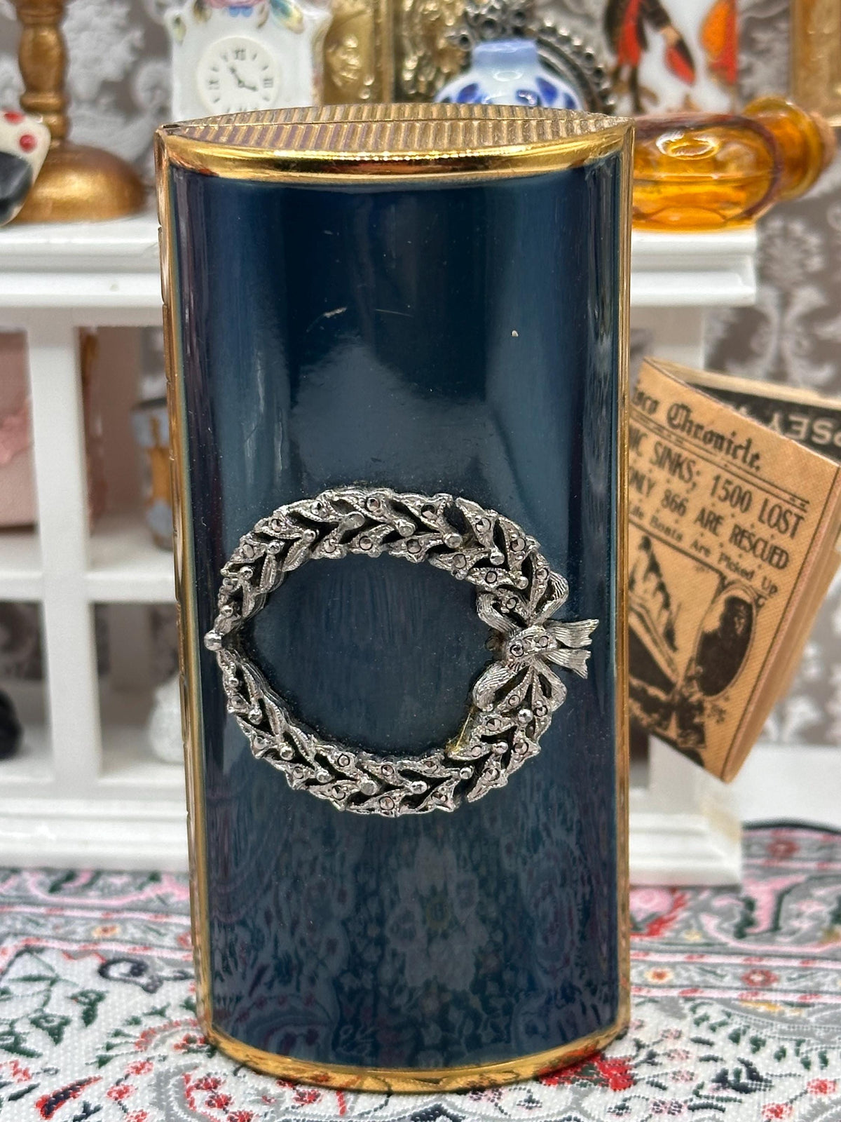 Vintage Kigu Blue Guilloché Cigarette Case 9cm – Gold Tone with Silver Tone Wreath Detail – Mid Century Vanity Tobacciana