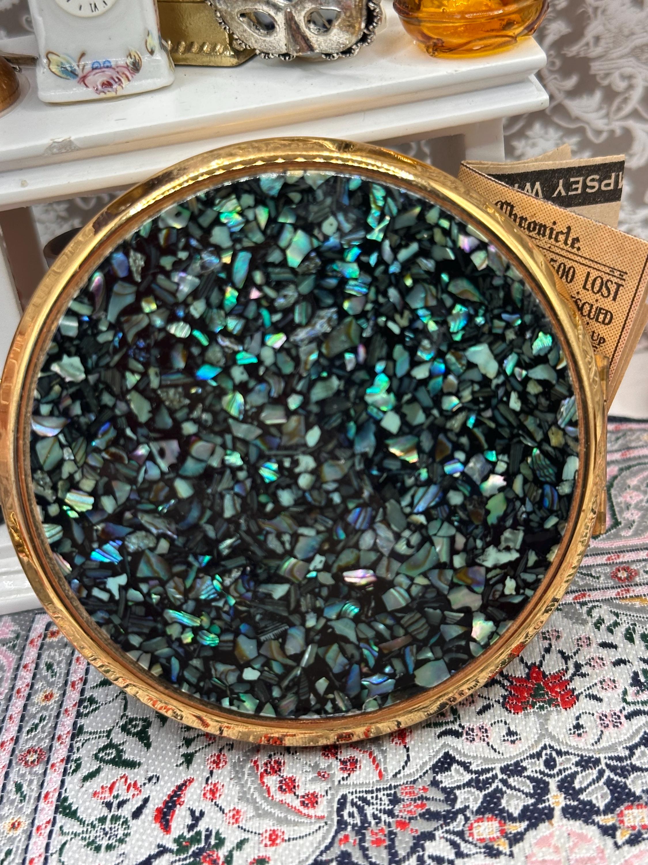 Stratton Abalone Shell Powder Compact, Iridescent Mosaic Design, 1950s, Round 7.5cm Vintage Compact