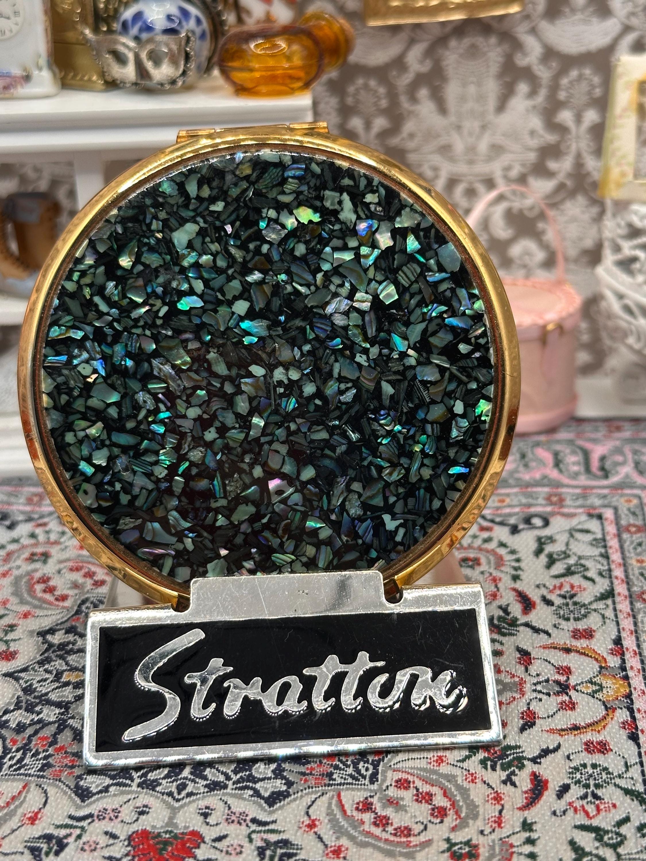 Stratton Abalone Shell Powder Compact, Iridescent Mosaic Design, 1950s, Round 7.5cm Vintage Compact