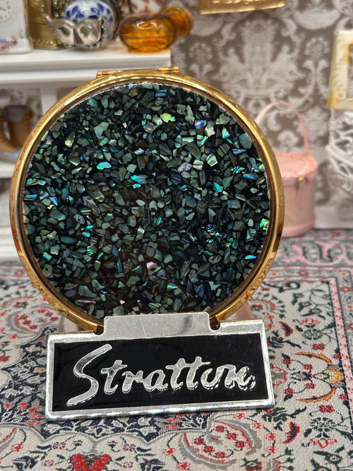 Stratton Abalone Shell Powder Compact, Iridescent Mosaic Design, 1950s, Round 7.5cm Vintage Compact