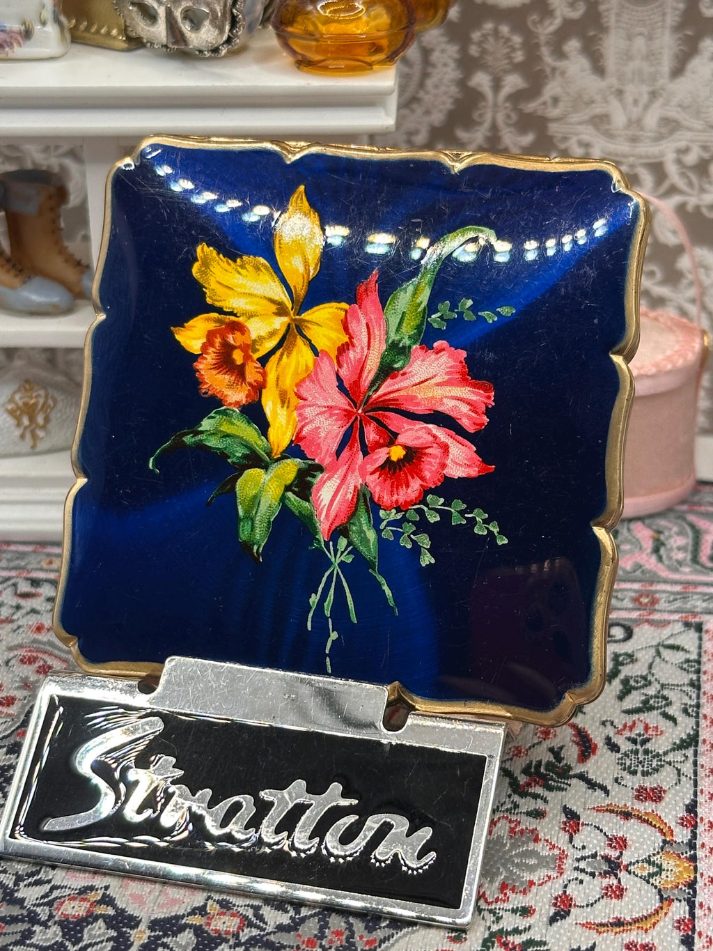 Vintage Stratton Powder Compact: Blue Enamel Floral Design, Mid-Century Vanity Mirror