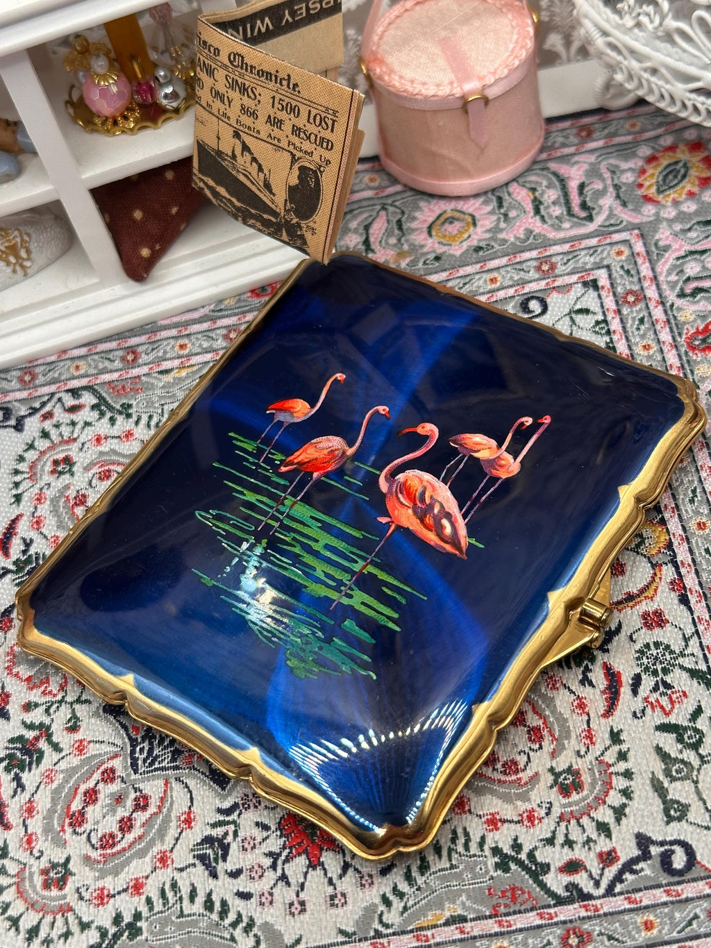 Vintage Stratton Cigarette Case Blue Enamel Flamingo Design Gold Tone Compact Case 1950s Made in England