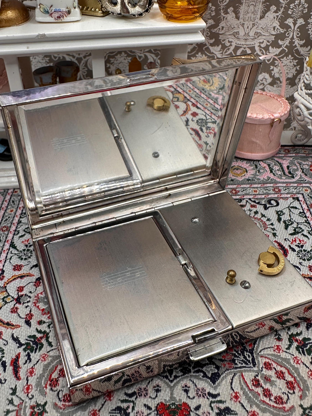Vintage Reuge Musical Powder Compact Silver Plated Swiss Movement Fascination Tune Boxed Vanity Compact