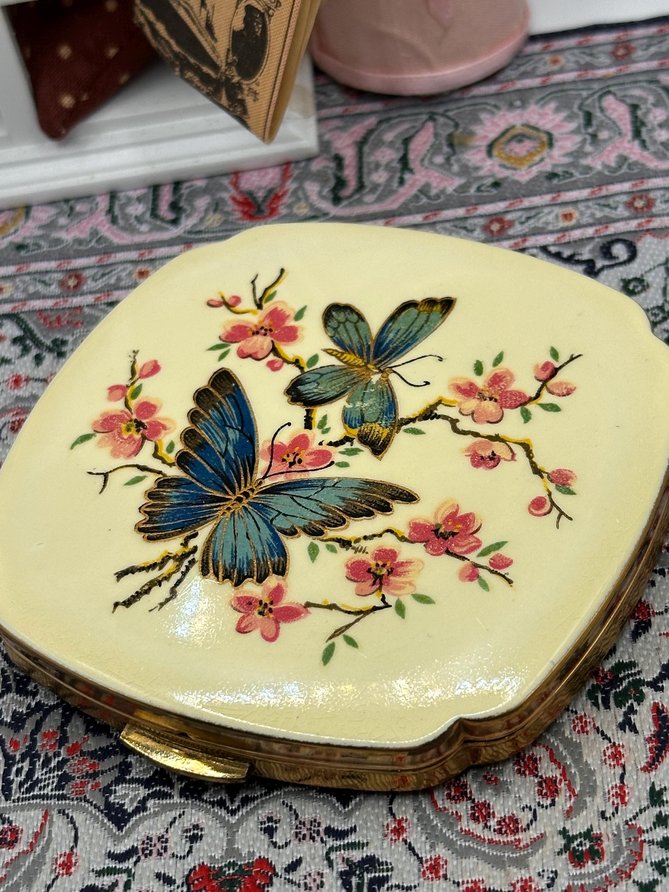 Vintage Kigu England Powder Compact, Blue Butterfly & Blossom Design, Gold Tone Enamel Compact, 1950s