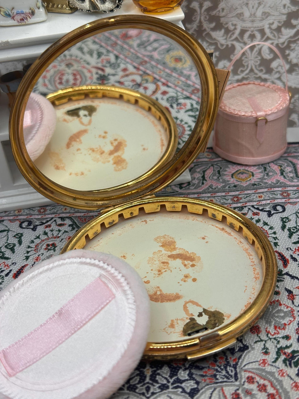Stratton Convertible Powder Compact Blue Floral Enamel 1950s Vintage Mirror with Pouch 7.5cm