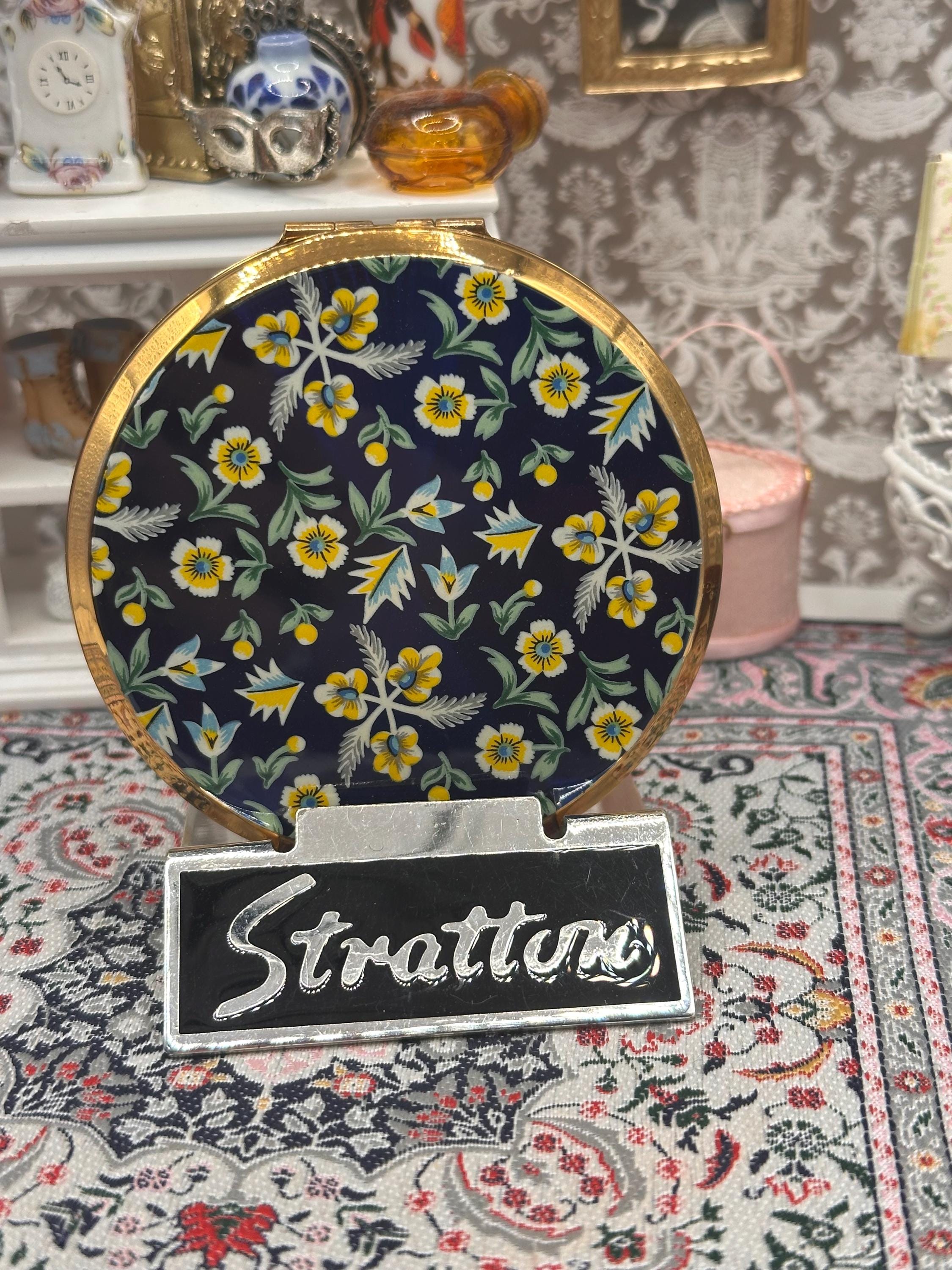 Stratton Convertible Powder Compact Blue Floral Enamel 1950s Vintage Mirror with Pouch 7.5cm