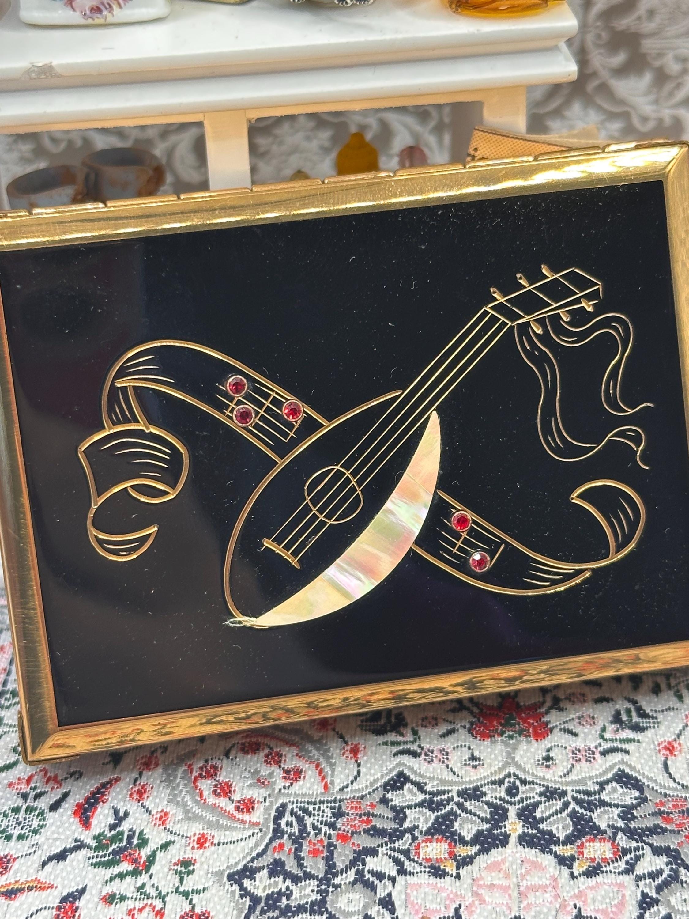 Vintage Musical Powder Compact – Black Enamel Guitar, Mother of Pearl Inlay – 1950s Vanity Case
