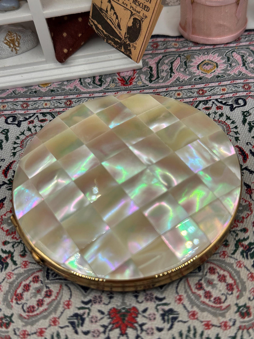 Vintage Stratton Powder Compact: Mother of Pearl Mosaic Vanity Compact (1950s)