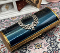 Vintage Kigu Blue Guilloché Cigarette Case 9cm – Gold Tone with Silver Tone Wreath Detail – Mid Century Vanity Tobacciana