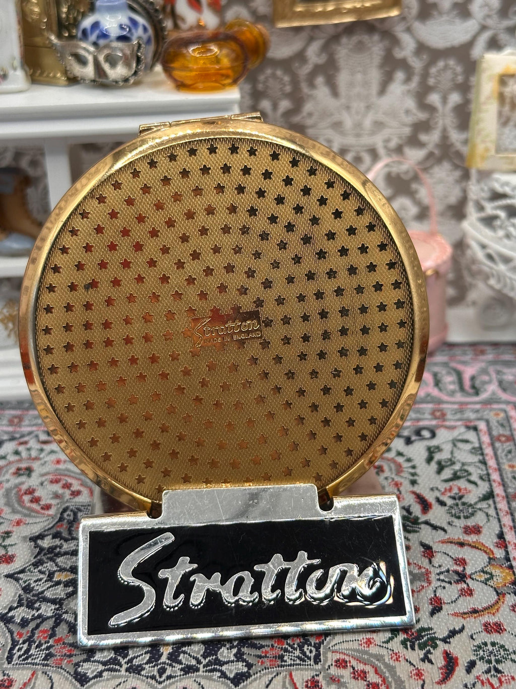 Stratton Abalone Shell Powder Compact, Iridescent Mosaic Design, 1950s, Round 7.5cm Vintage Compact