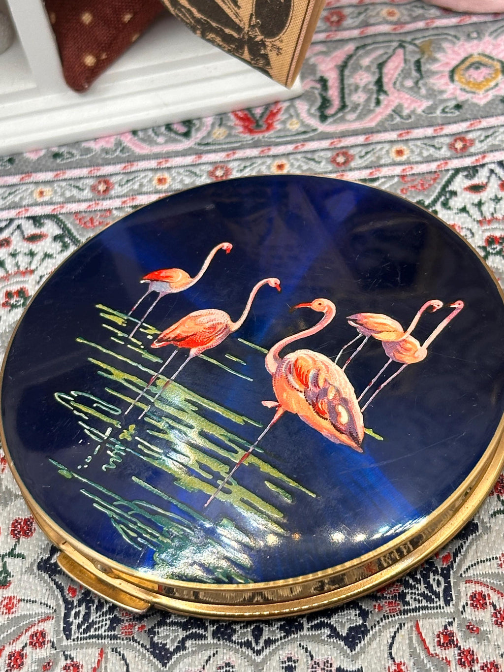 Vintage Stratton Powder Compact Flamingo Design Blue Enamel 7.5cm England 1950s