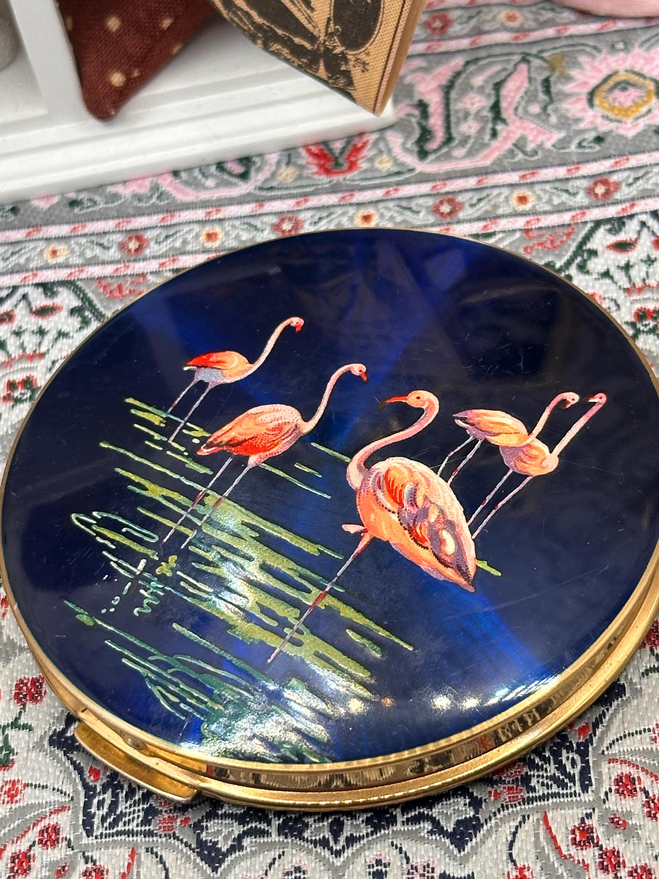 Vintage Stratton Powder Compact Flamingo Design Blue Enamel 7.5cm England 1950s