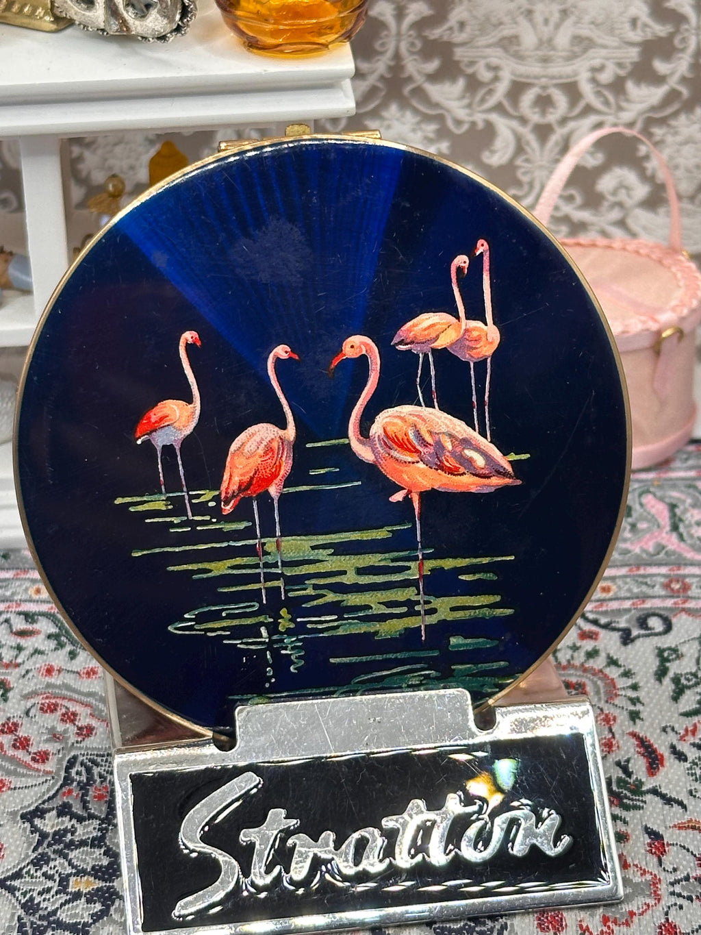 Vintage Stratton Powder Compact Flamingo Design Blue Enamel 7.5cm England 1950s