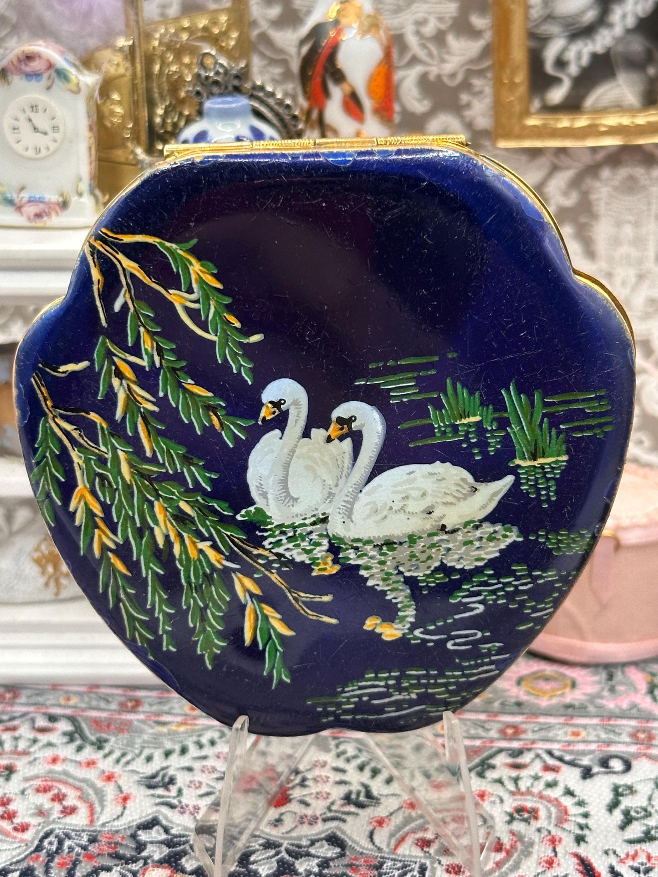 Kigu Powder Compact Blue Enamel Swan Design 1950s Vintage Compact Mirror 8cm