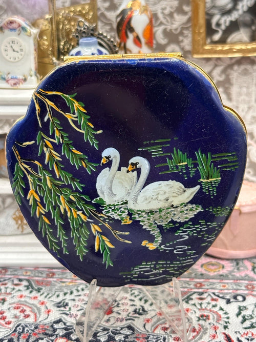Kigu Powder Compact Blue Enamel Swan Design 1950s Vintage Compact Mirror 8cm