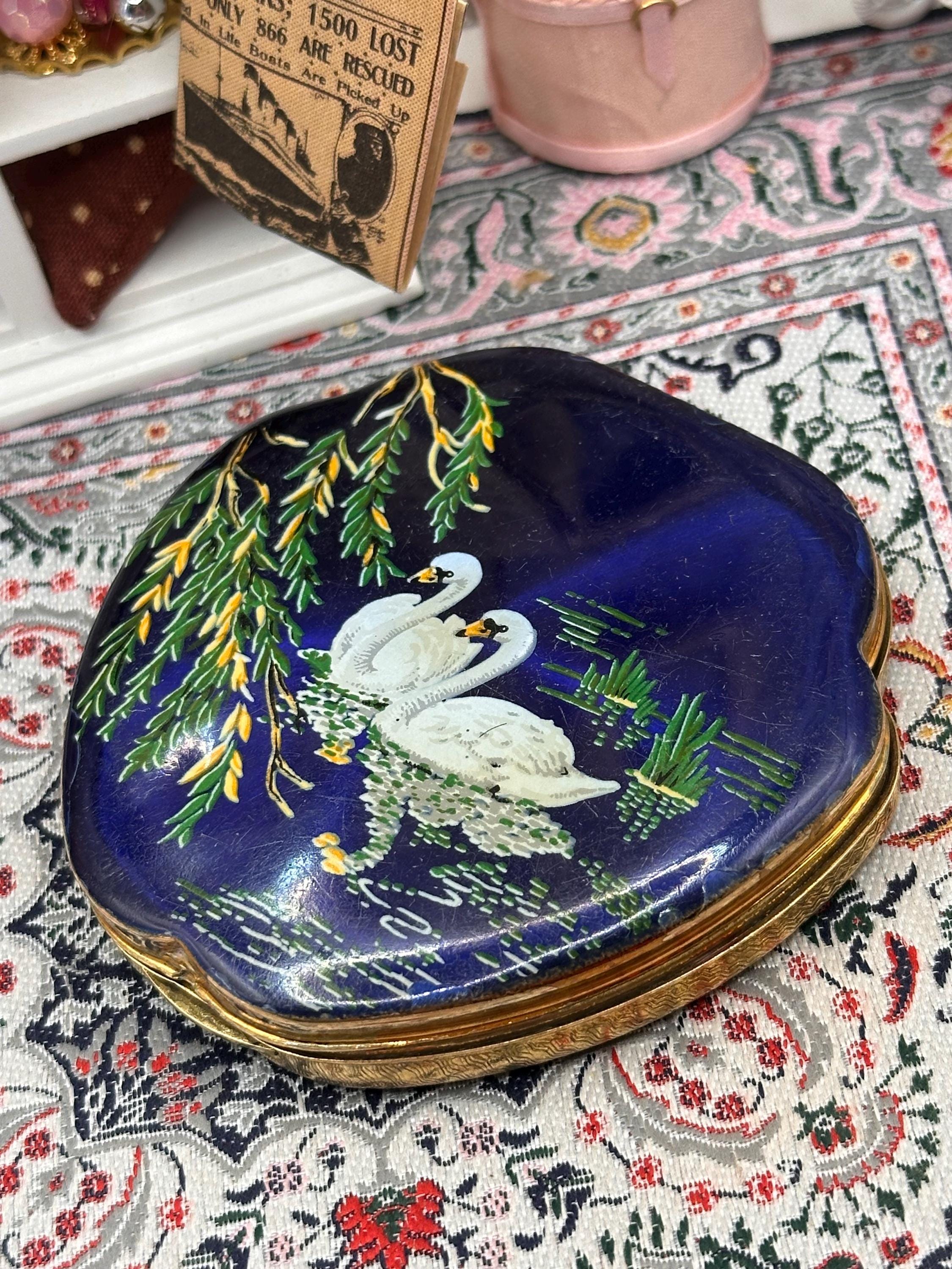 Kigu Powder Compact Blue Enamel Swan Design 1950s Vintage Compact Mirror 8cm