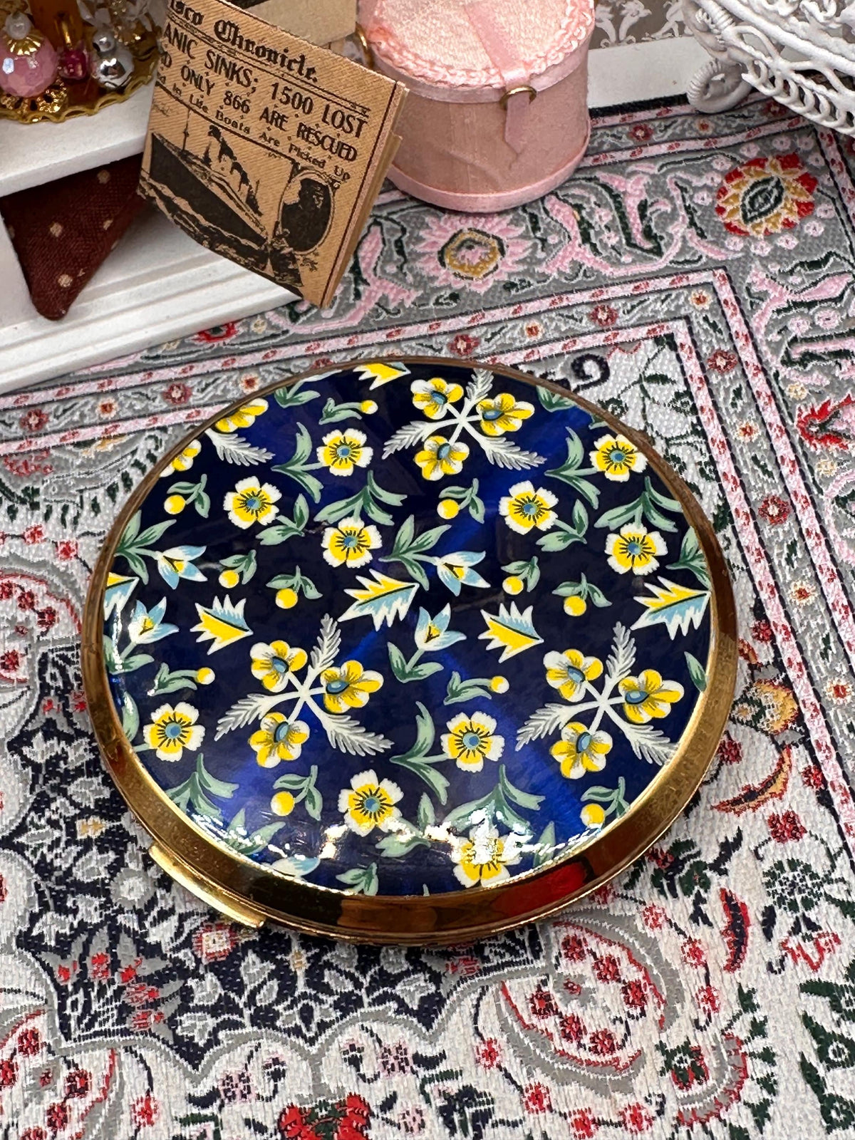 Stratton Convertible Powder Compact Blue Floral Enamel 1950s Vintage Mirror with Pouch 7.5cm
