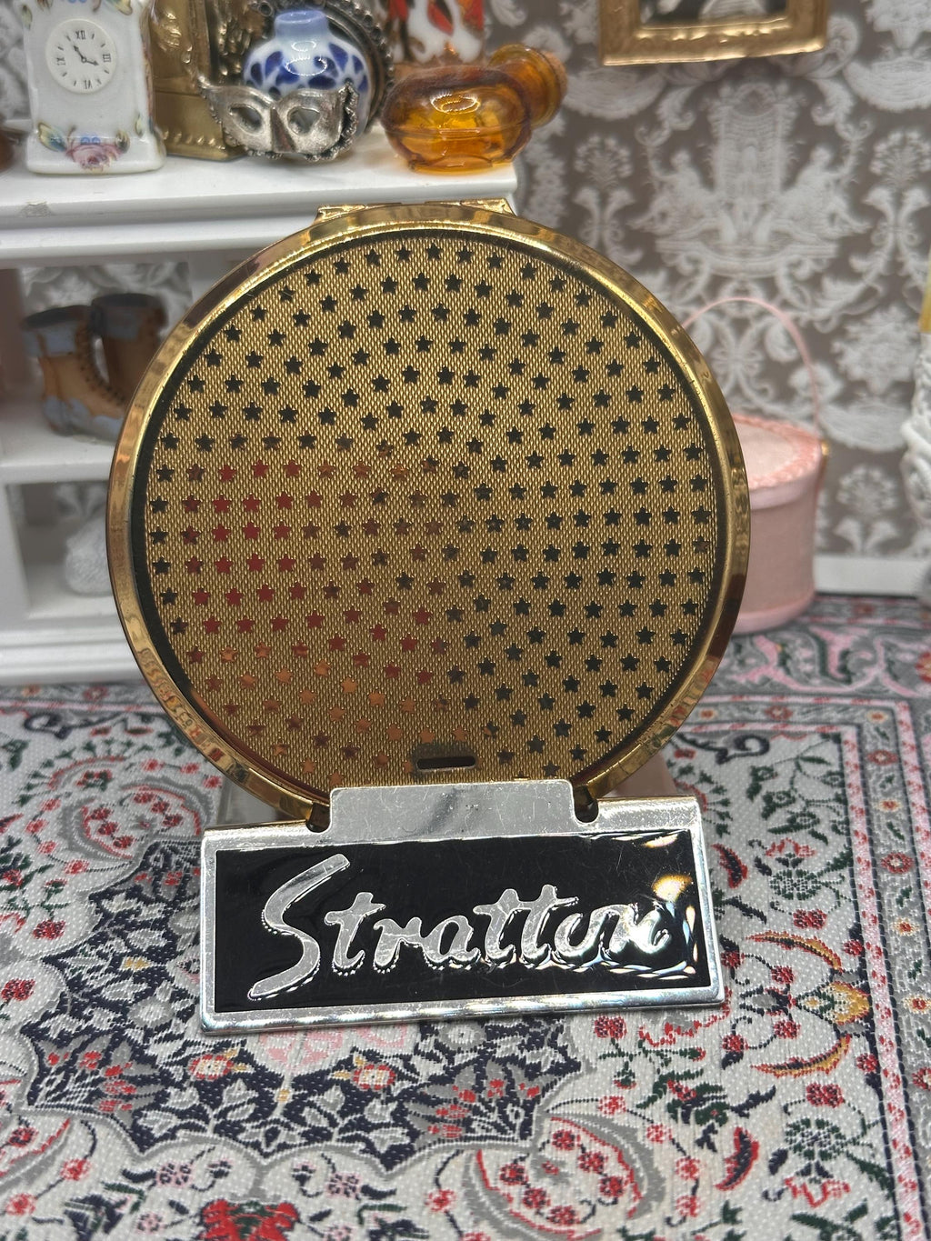 Stratton Convertible Powder Compact Blue Floral Enamel 1950s Vintage Mirror with Pouch 7.5cm