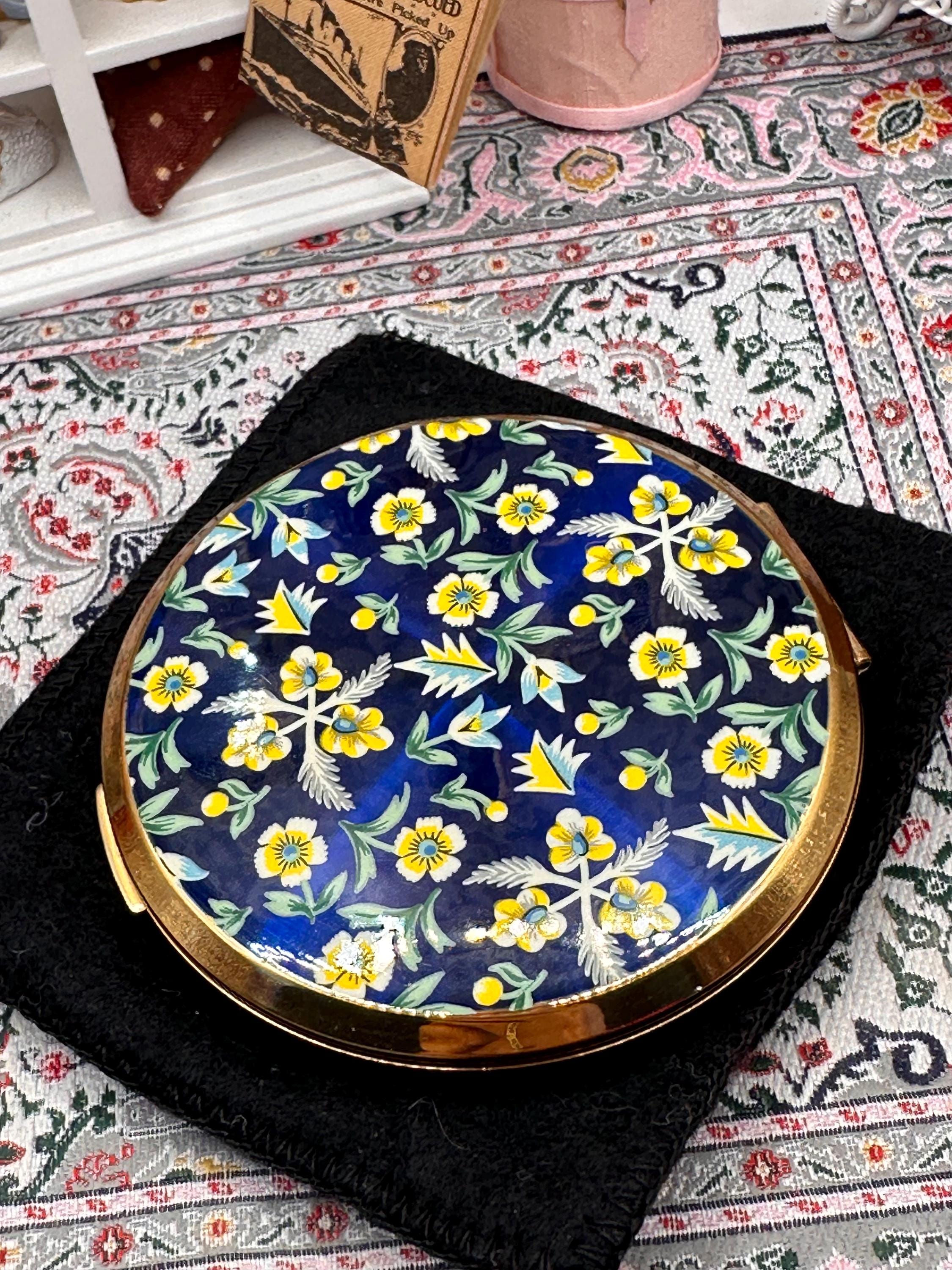 Stratton Convertible Powder Compact Blue Floral Enamel 1950s Vintage Mirror with Pouch 7.5cm