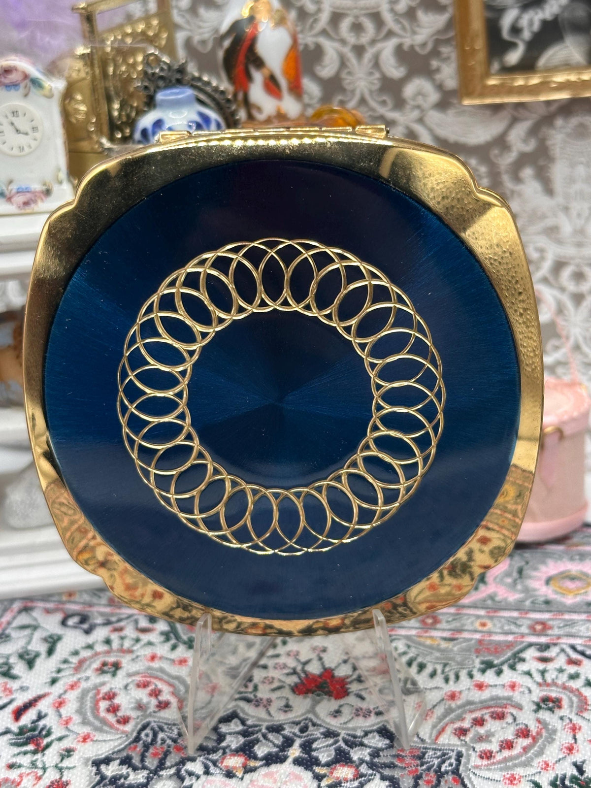 Vintage Kigu Powder Compact Blue Guilloché Enamel Gold Tone Diamond Cut Boxed with Pouch 1950s 1960s