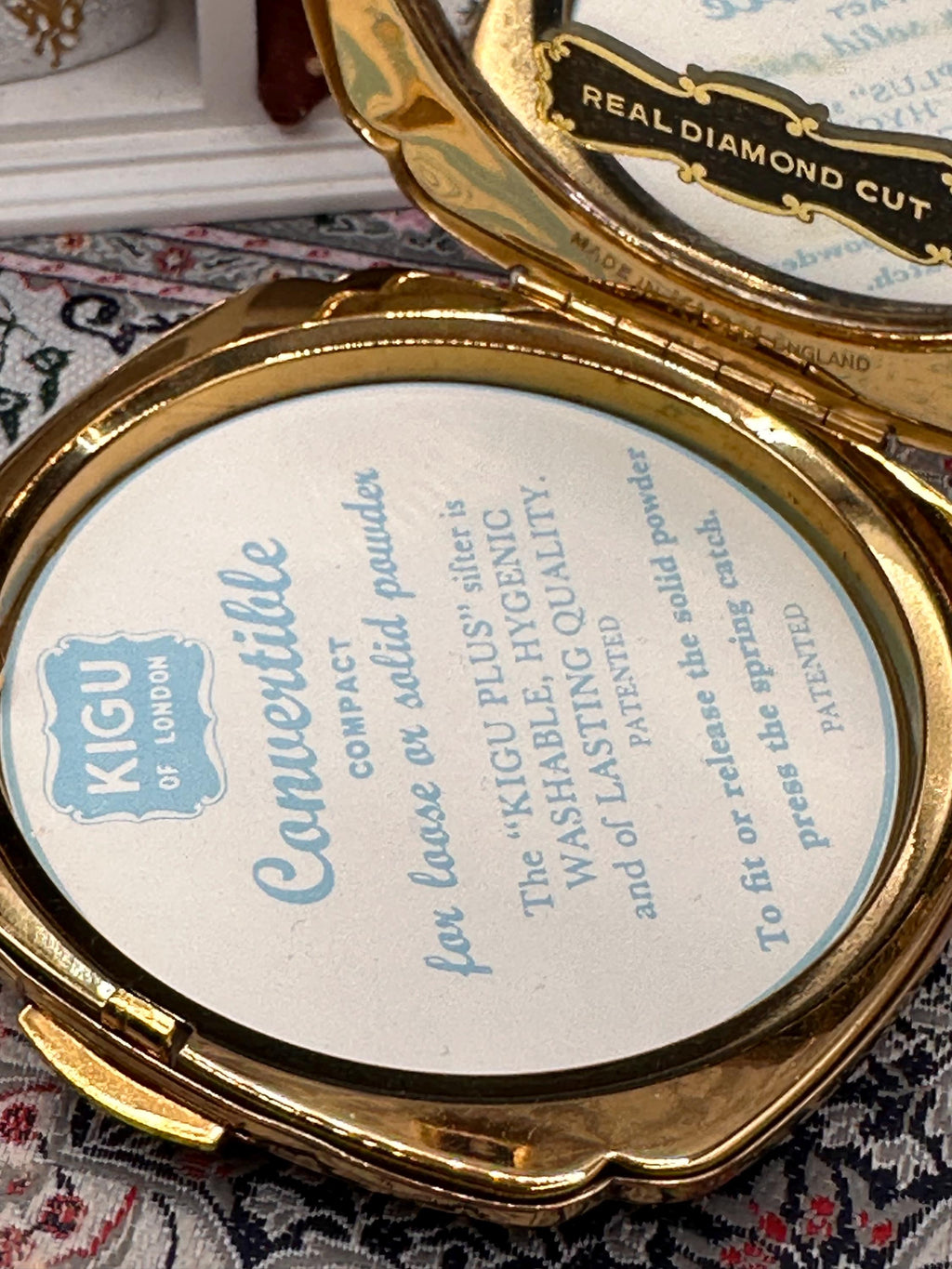 Vintage Kigu Powder Compact Blue Guilloché Enamel Gold Tone Diamond Cut Boxed with Pouch 1950s 1960s