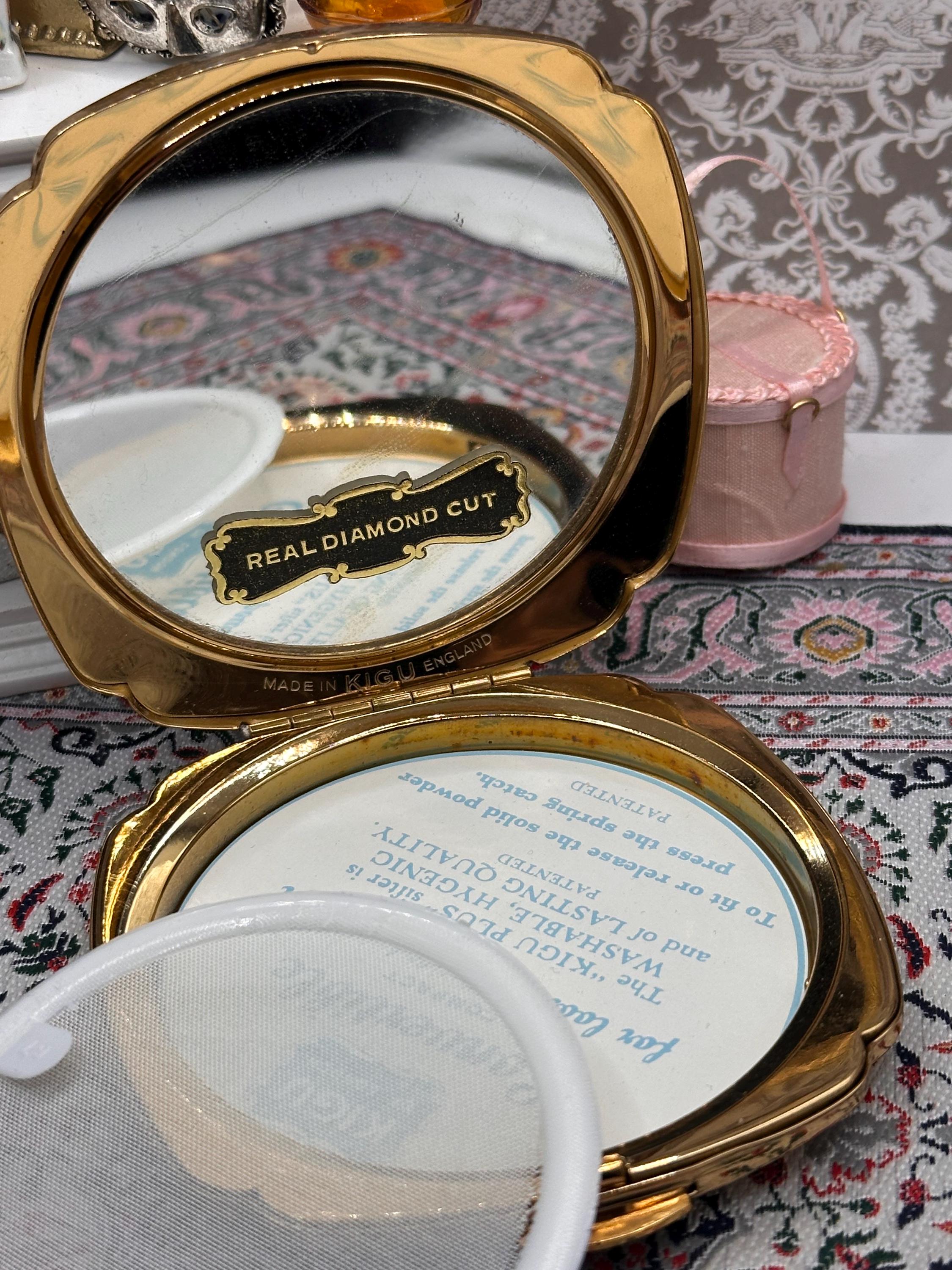 Vintage Kigu Powder Compact Blue Guilloché Enamel Gold Tone Diamond Cut Boxed with Pouch 1950s 1960s