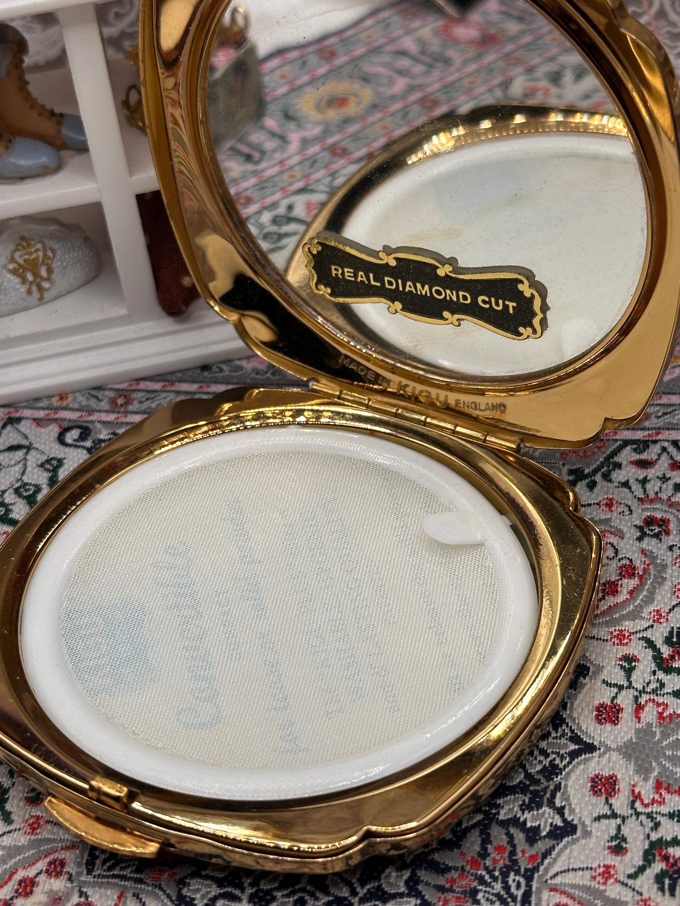Vintage Kigu Powder Compact Blue Guilloché Enamel Gold Tone Diamond Cut Boxed with Pouch 1950s 1960s