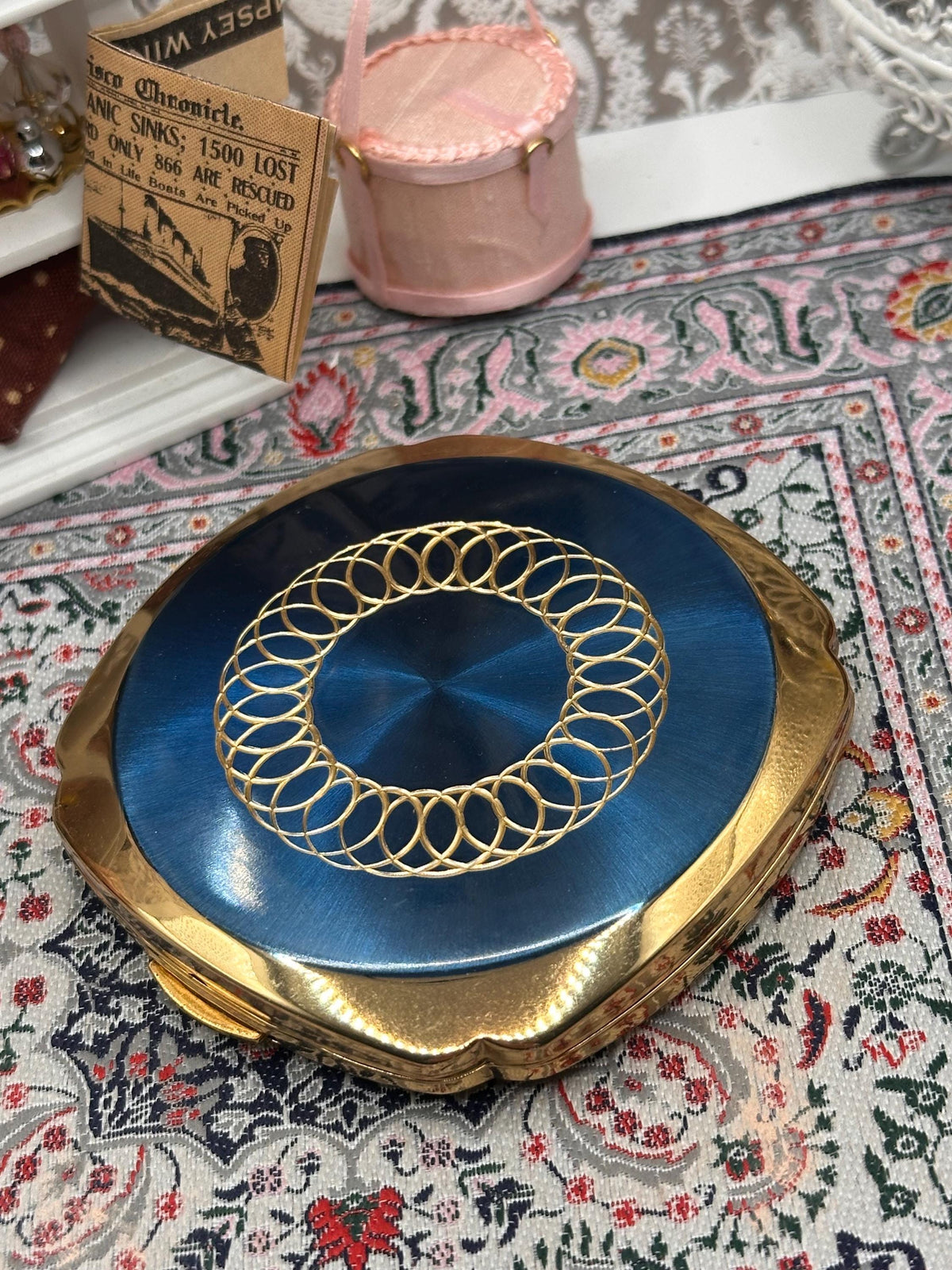 Vintage Kigu Powder Compact Blue Guilloché Enamel Gold Tone Diamond Cut Boxed with Pouch 1950s 1960s