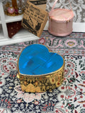 Vintage Ronson Heart Shaped Trinket or Pill Box | Blue Lucite & Gold Tone Jewellery Box | Mid Century Vanity Box