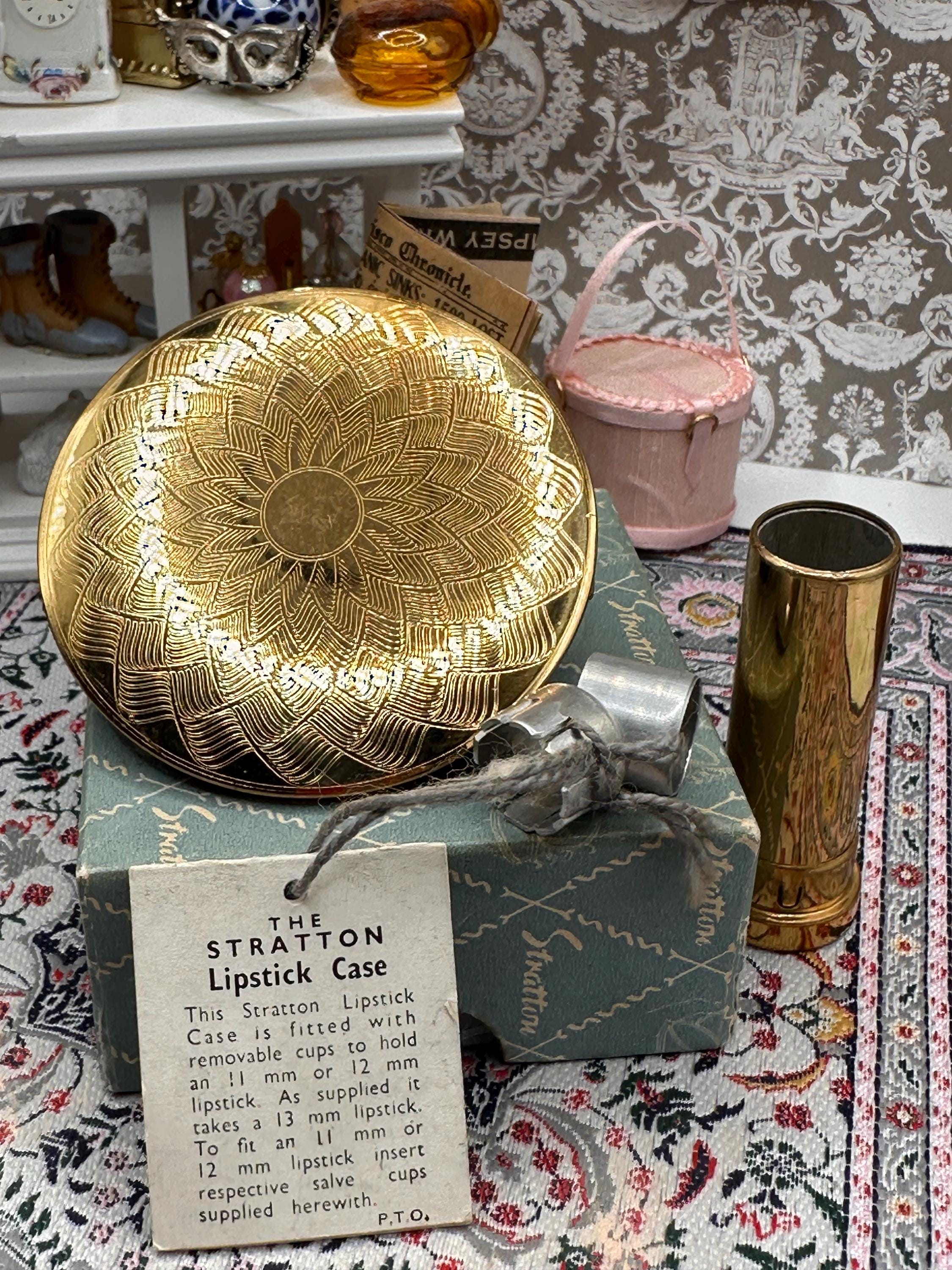 Vintage Stratton Lipstick Mirror with Original Box Tags & Fittings Gold Tone Vanity Mirror Lip View Made in England
