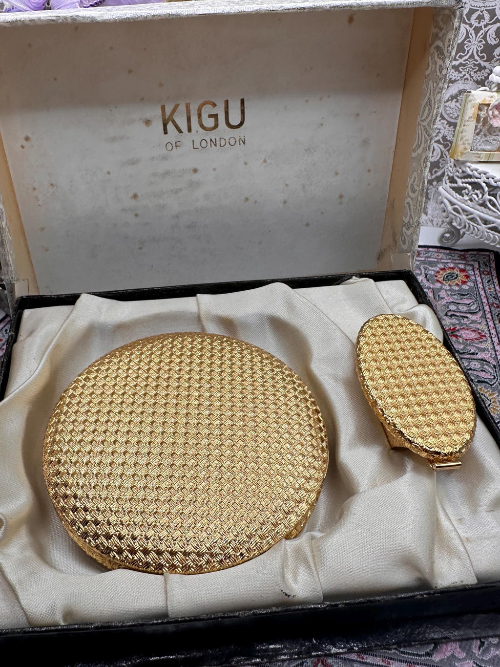 Vintage Boxed Kigu Powder Compact & Lipview Set, Kigu of London Convertible Compact, Gold Tone Vanity Set, Made in England