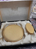 Vintage Boxed Kigu Powder Compact & Lipview Set, Kigu of London Convertible Compact, Gold Tone Vanity Set, Made in England