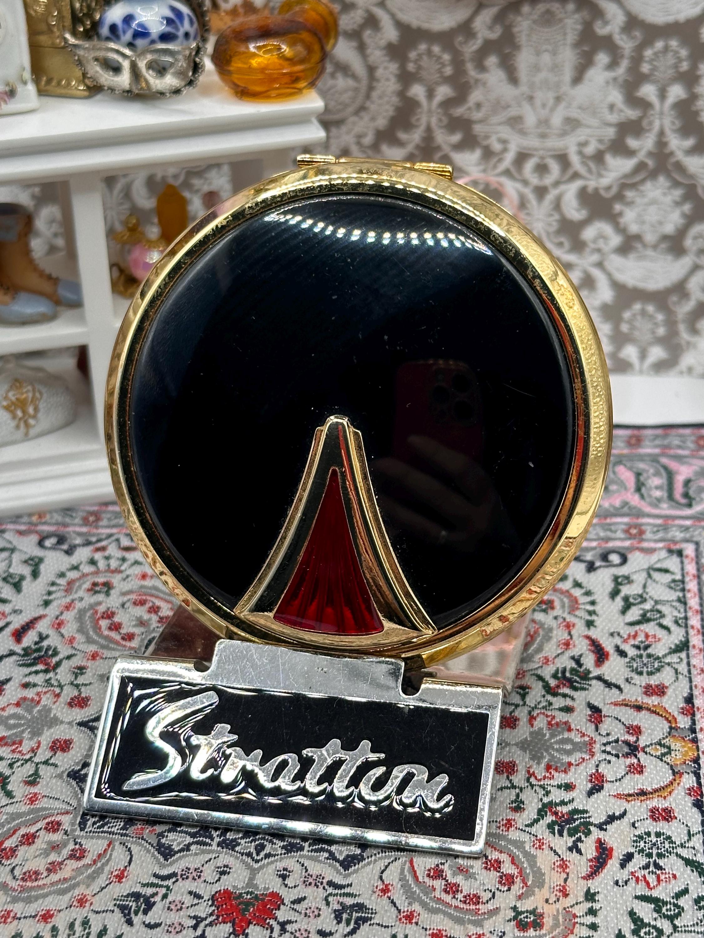 Vintage Stratton Powder Compact Black & Gold Red Enamel Art Deco Style Compact Mirror 7.5cm England