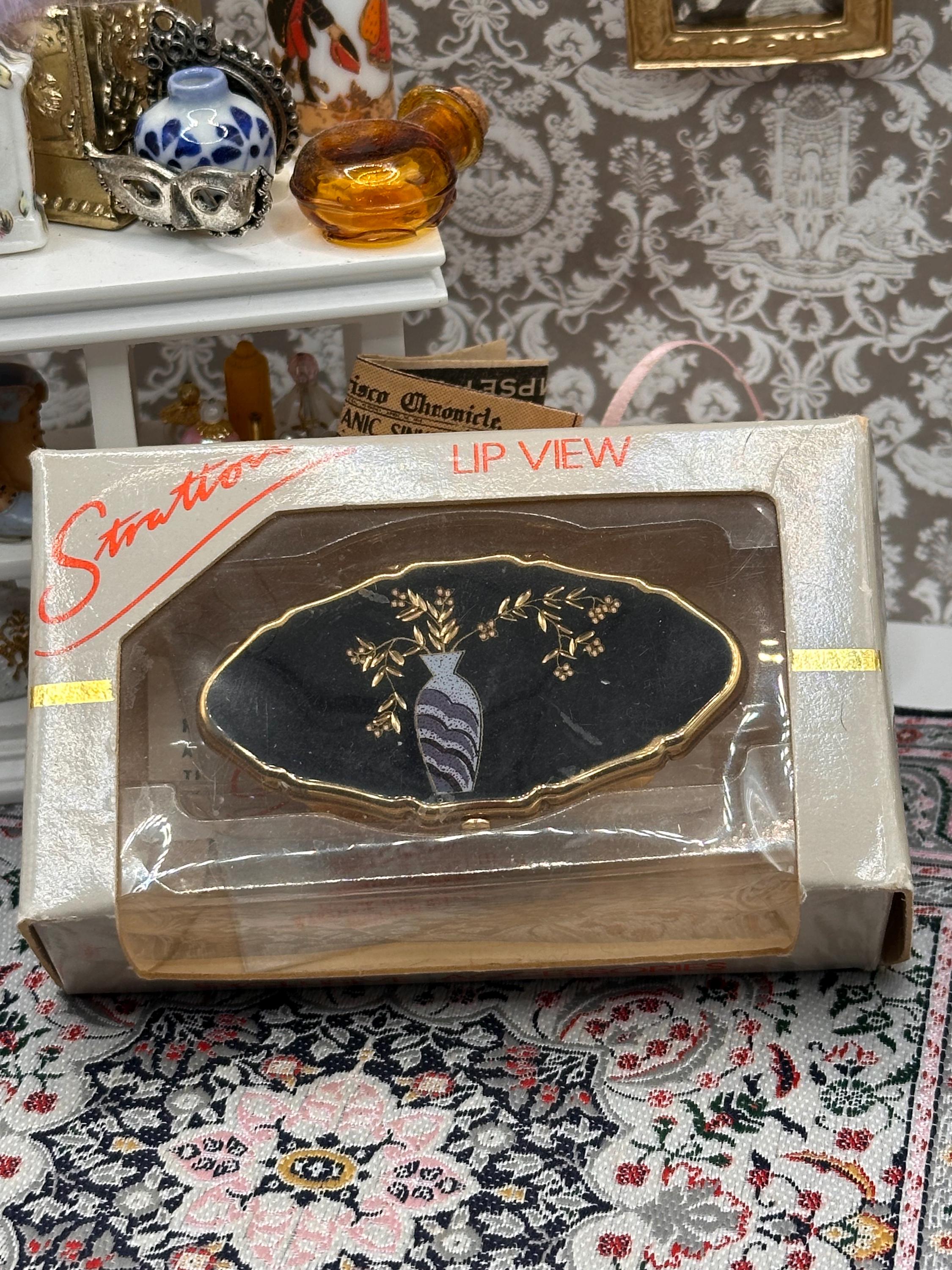 Vintage Stratton Lip View Compact Mirror Holder With Box Black Enamel Vase Design 1950s Powder Compact Accessory