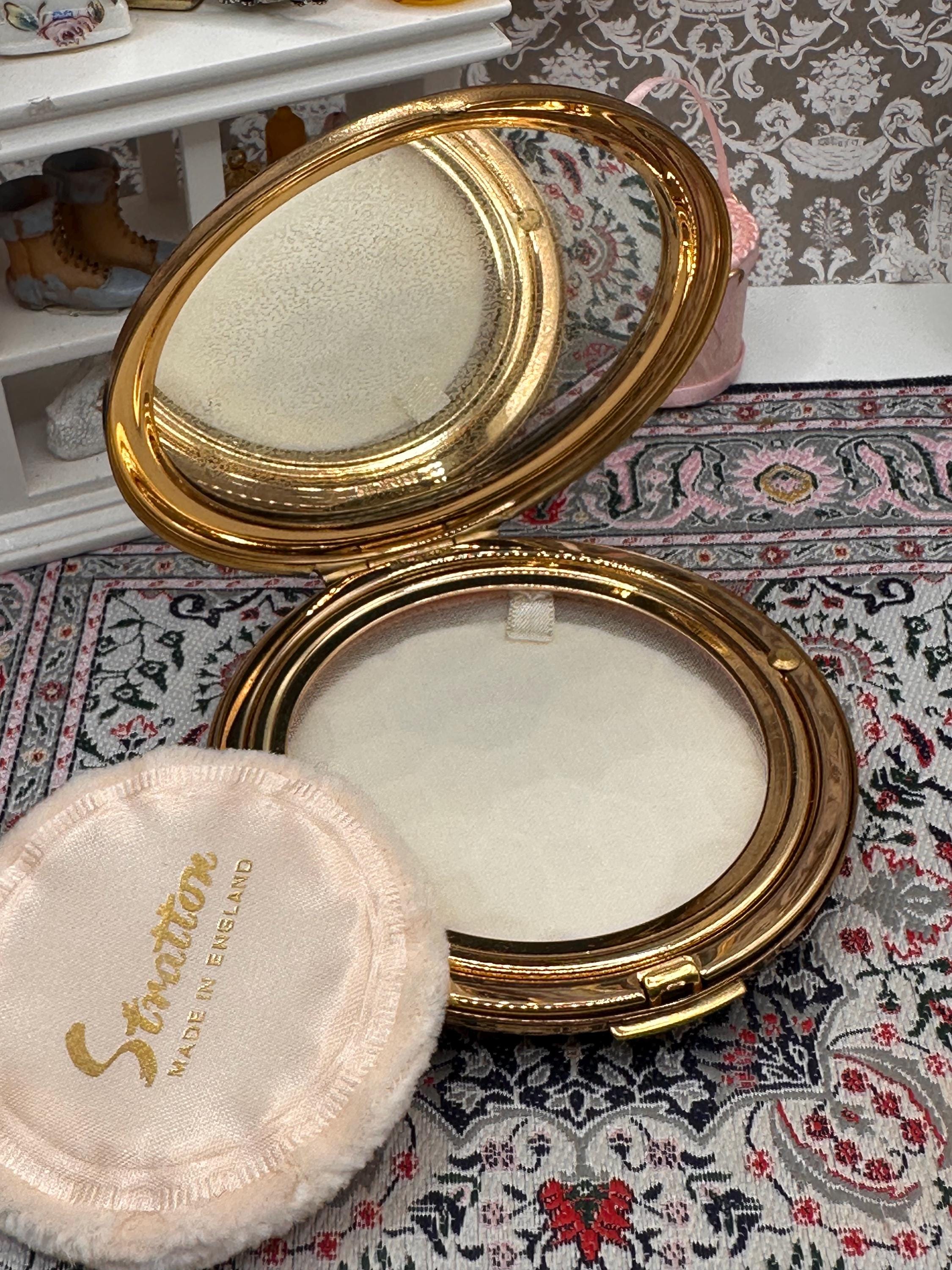 Vintage Stratton Powder Compact – Pink Rose Design – 8cm Compact Mirror – With Original Puff, Sifter & Pouch – Made in England