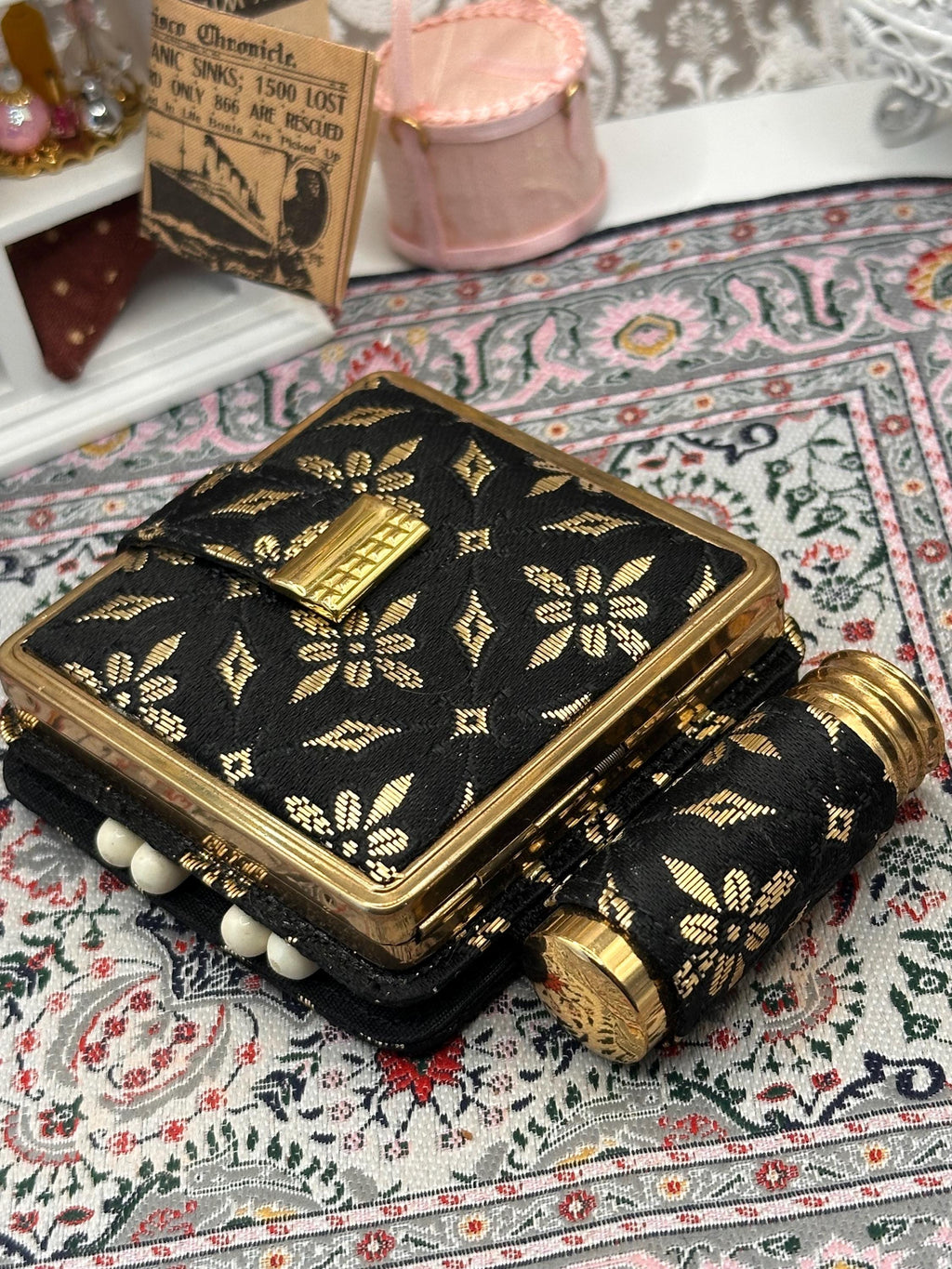 Vintage West German Vanity Compact Carryall Set – Powder Compact, Lipstick Holder & Manicure Kit – Black Gold Fabric Minaudière Style Case