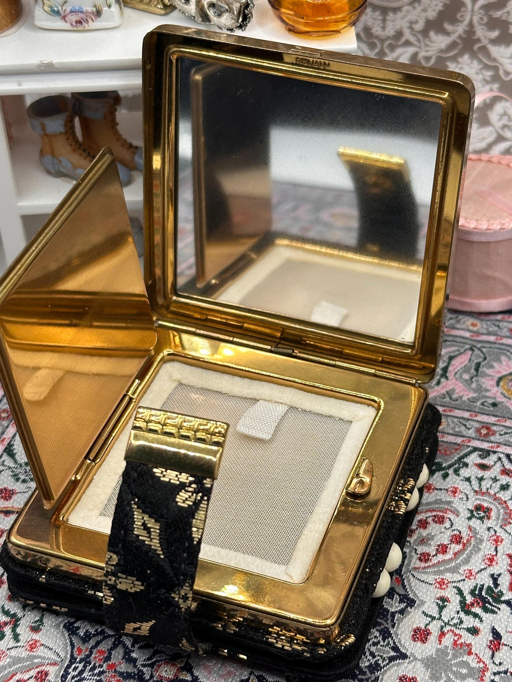 Vintage West German Vanity Compact Carryall Set – Powder Compact, Lipstick Holder & Manicure Kit – Black Gold Fabric Minaudière Style Case