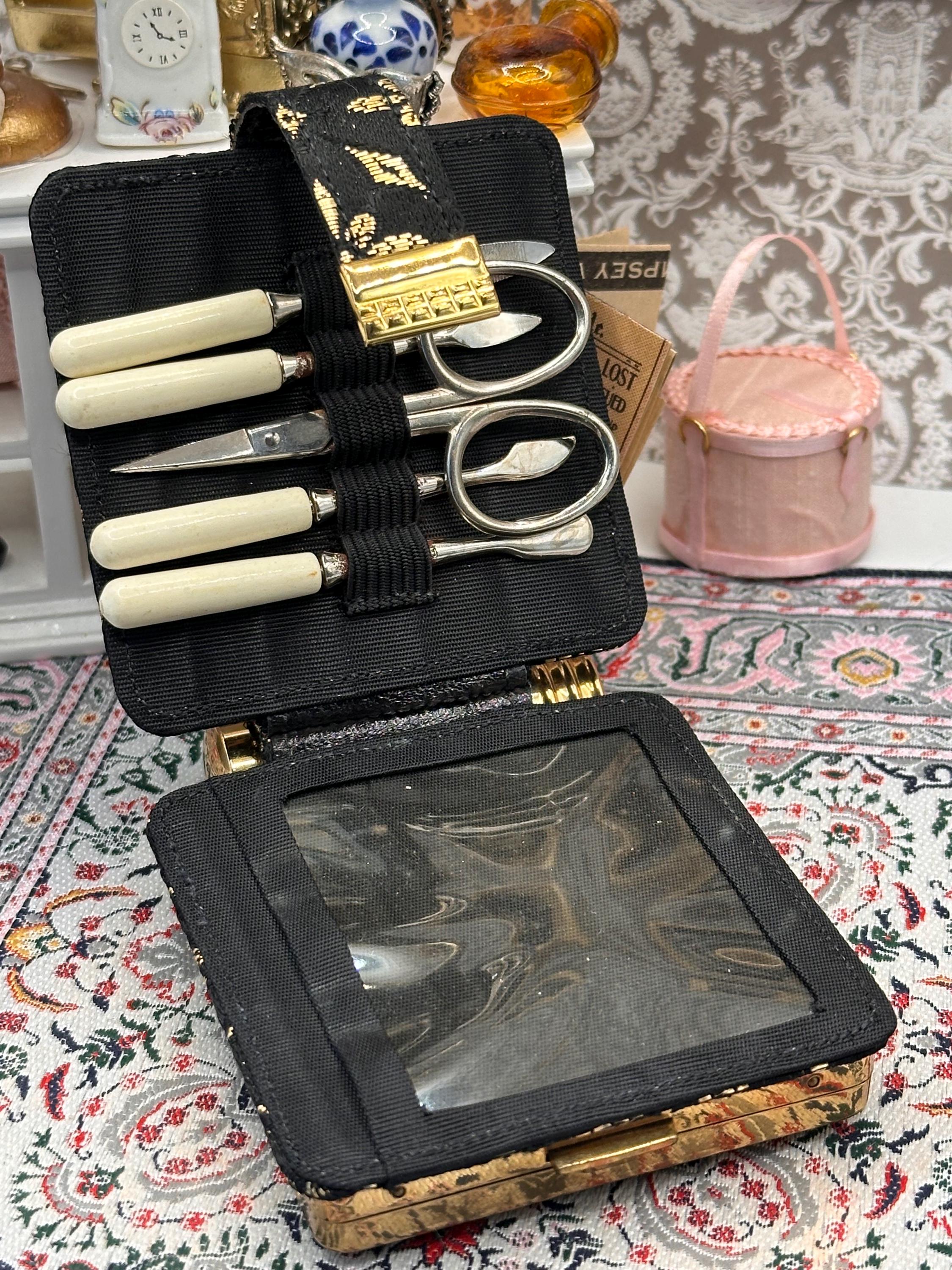 Vintage West German Vanity Compact Carryall Set – Powder Compact, Lipstick Holder & Manicure Kit – Black Gold Fabric Minaudière Style Case