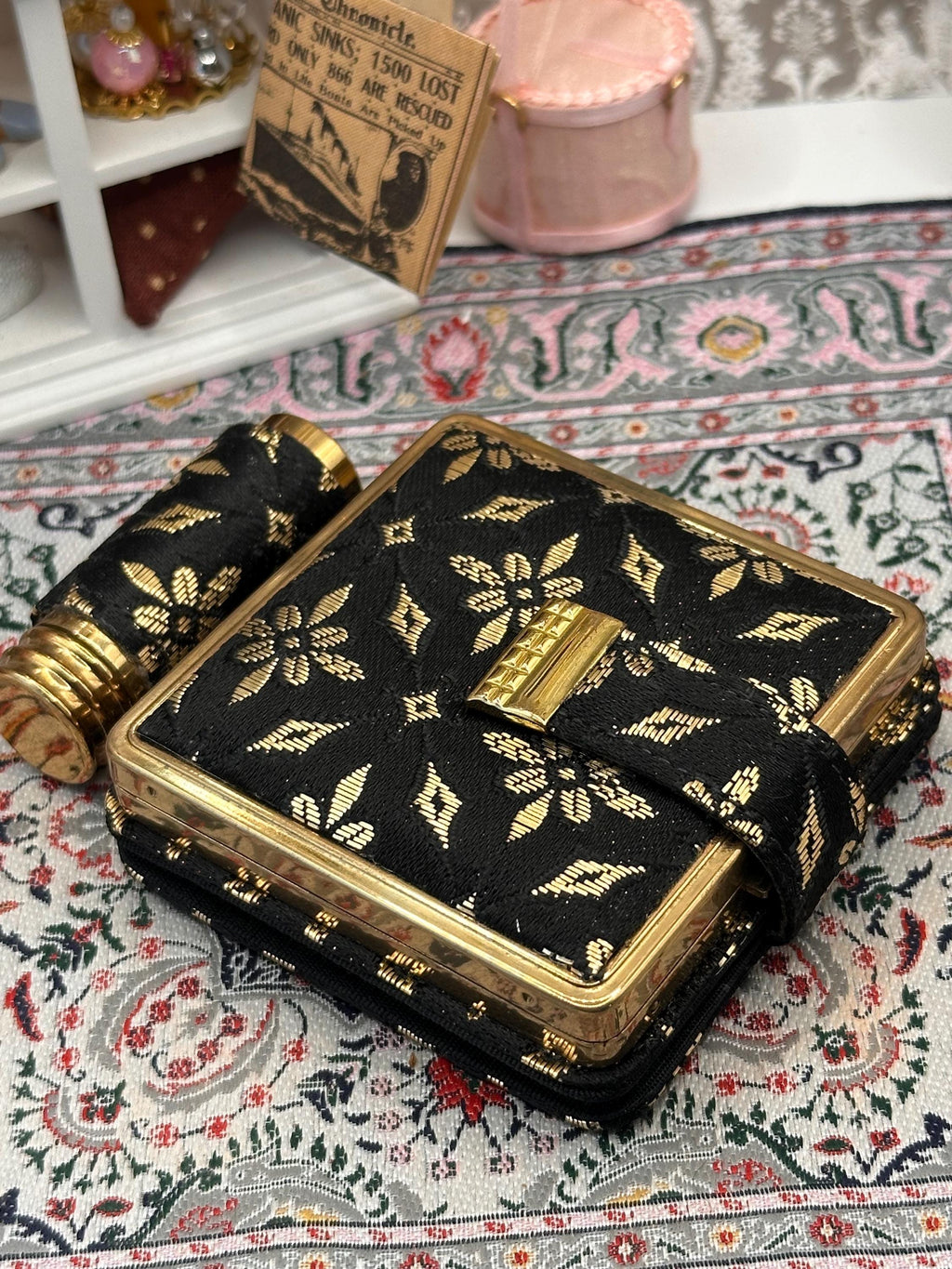 Vintage West German Vanity Compact Carryall Set – Powder Compact, Lipstick Holder & Manicure Kit – Black Gold Fabric Minaudière Style Case