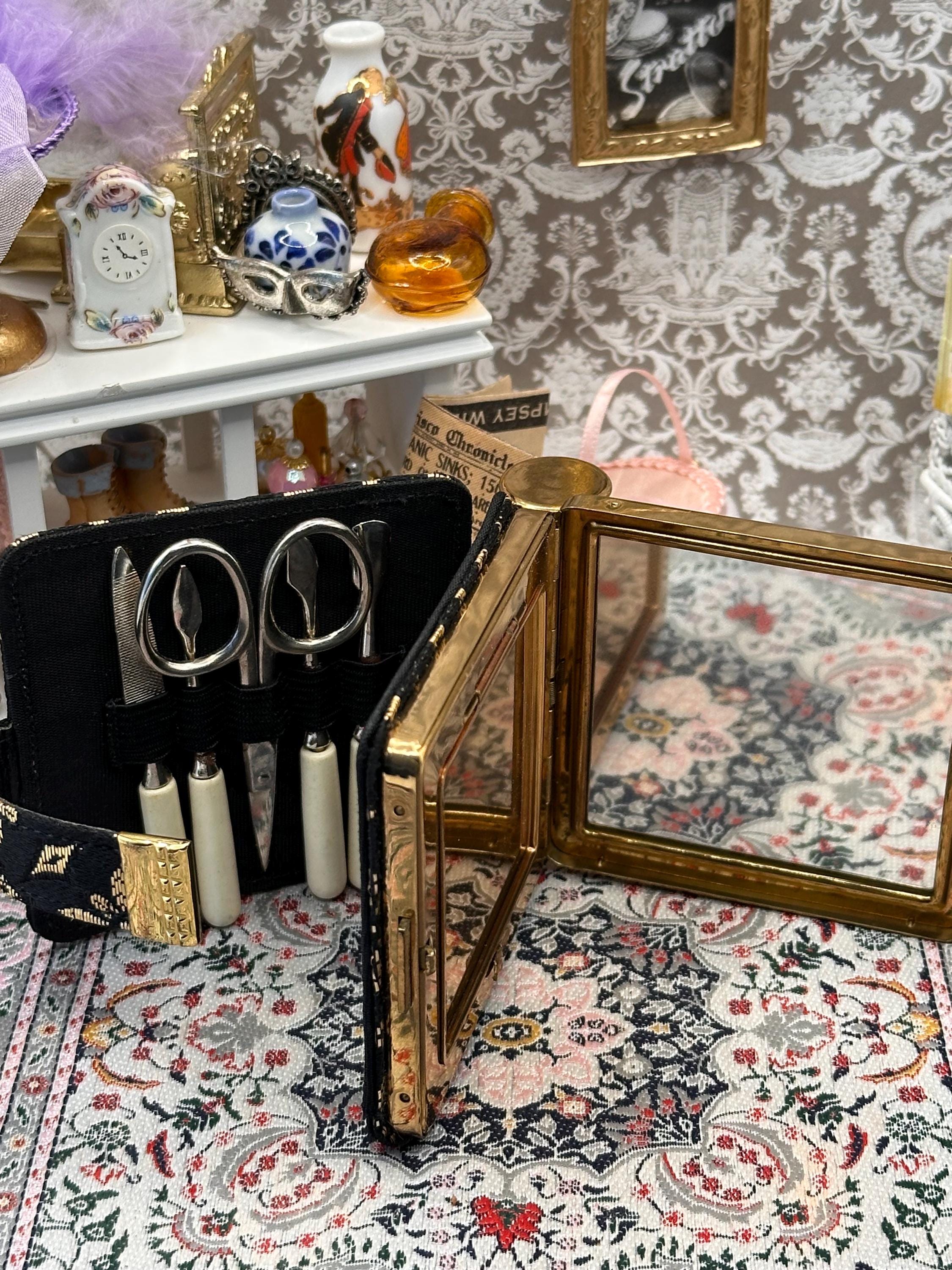 Vintage West German Vanity Compact Carryall Set – Powder Compact, Lipstick Holder & Manicure Kit – Black Gold Fabric Minaudière Style Case