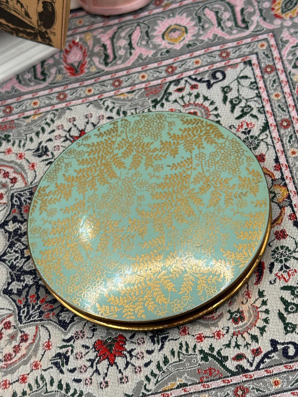 Vintage Stratton Powder Compact Mint Green Enamel Floral Design | 1950s 1960s British Powder Compact | Vanity Compact with Mirror & Original