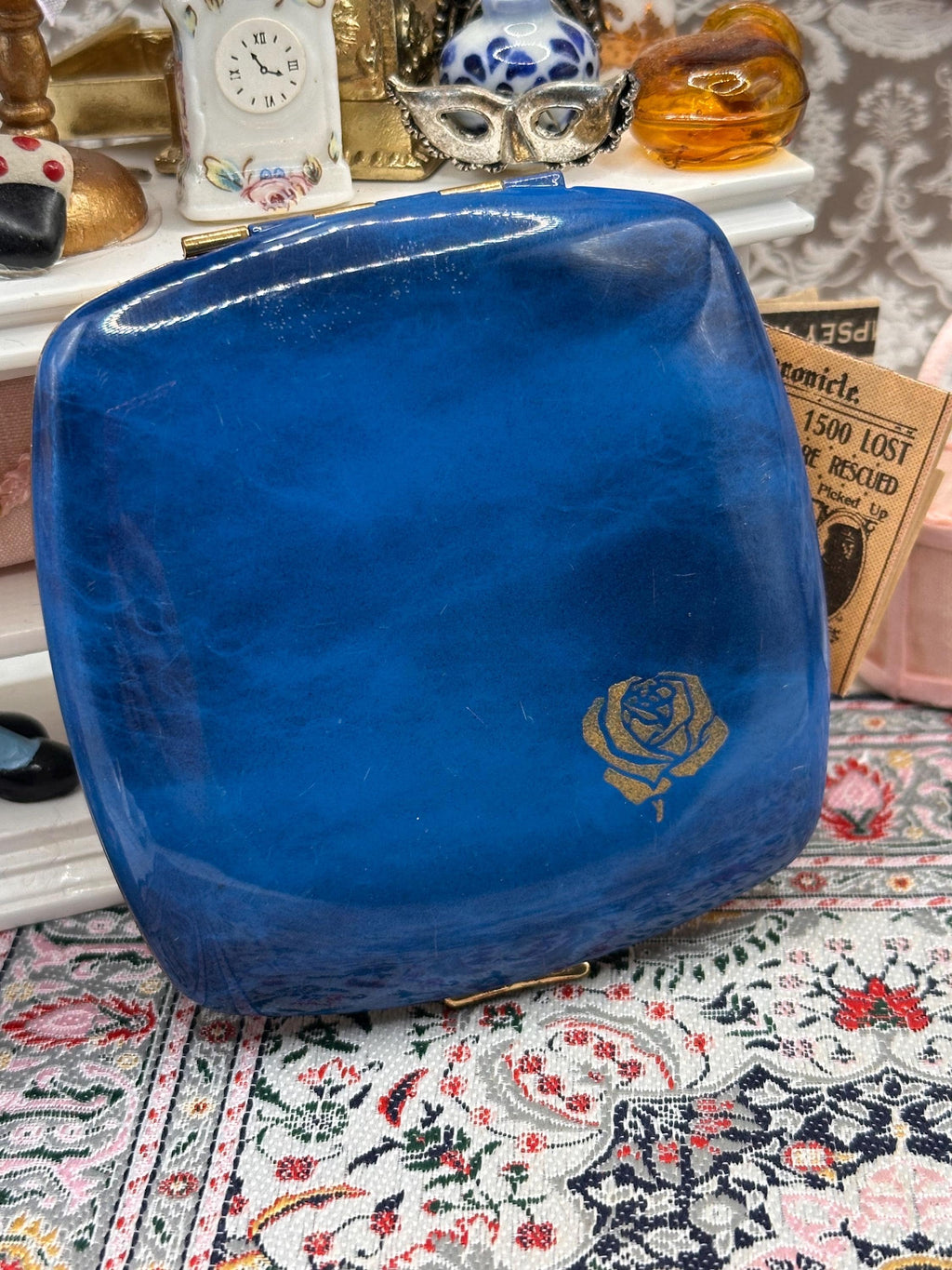 Vintage Melissa Blue Enamel Powder Compact with Gold Rose Motif | Mid Century Vanity Compact | Collectible Powder Compact 8cm