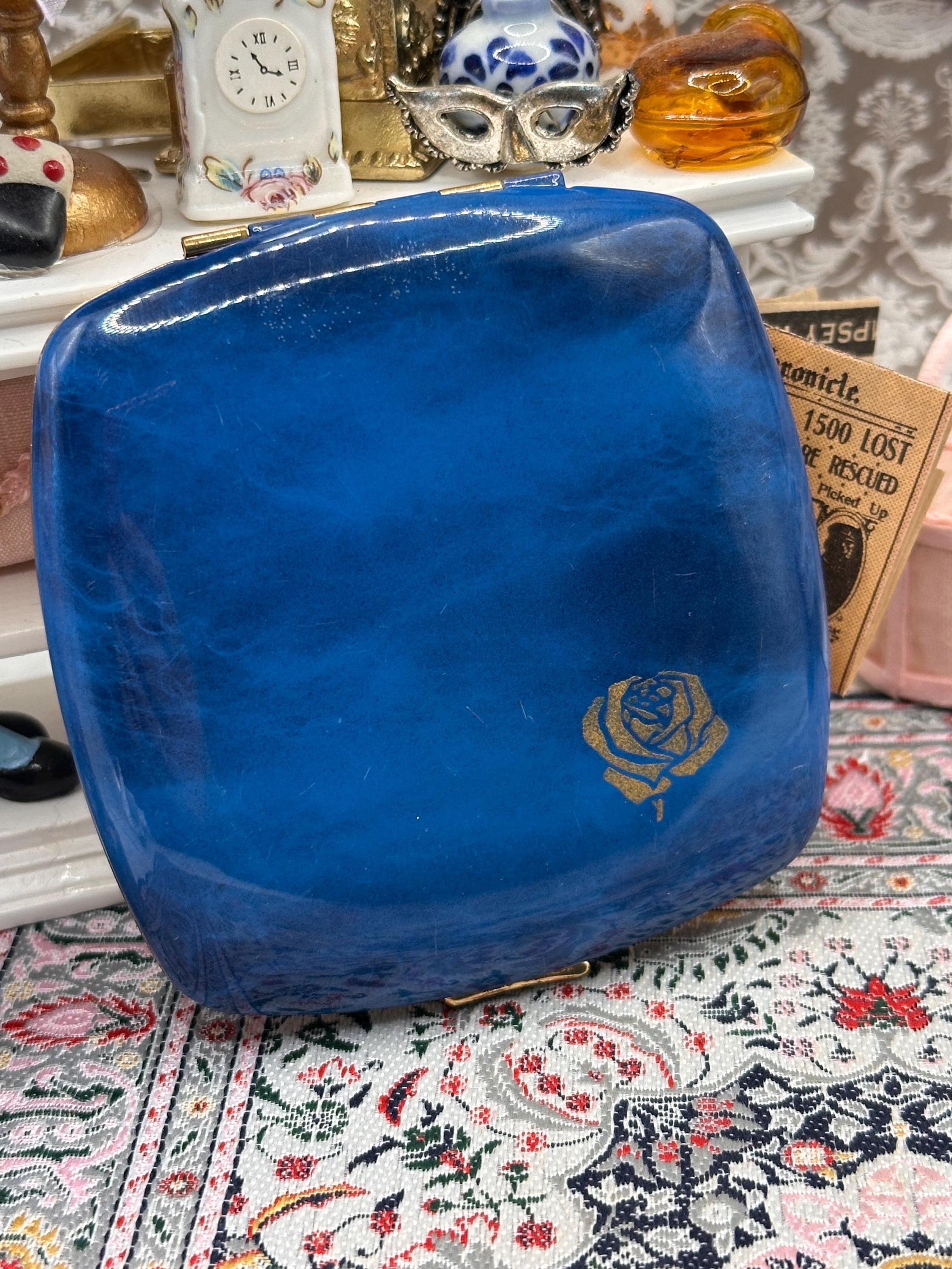 Vintage Melissa Blue Enamel Powder Compact with Gold Rose Motif | Mid Century Vanity Compact | Collectible Powder Compact 8cm