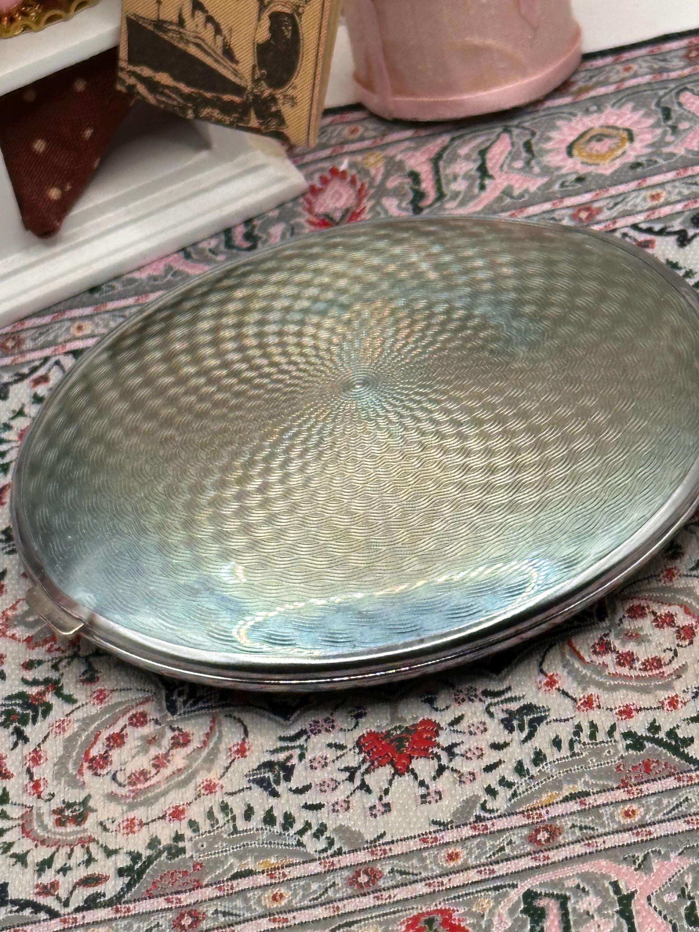 Vintage Guilloché Powder Compact | Large 9cm Silver Tone Compact | Art Deco Inspired Engine Turned Vanity Compact