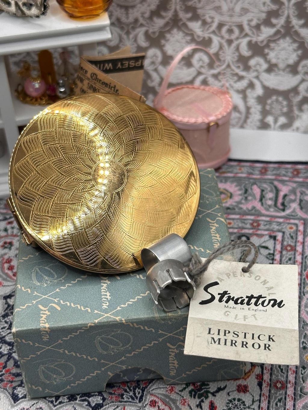 Vintage Stratton Lipstick Mirror with Original Box Tags & Fittings Gold Tone Vanity Mirror Lip View Made in England